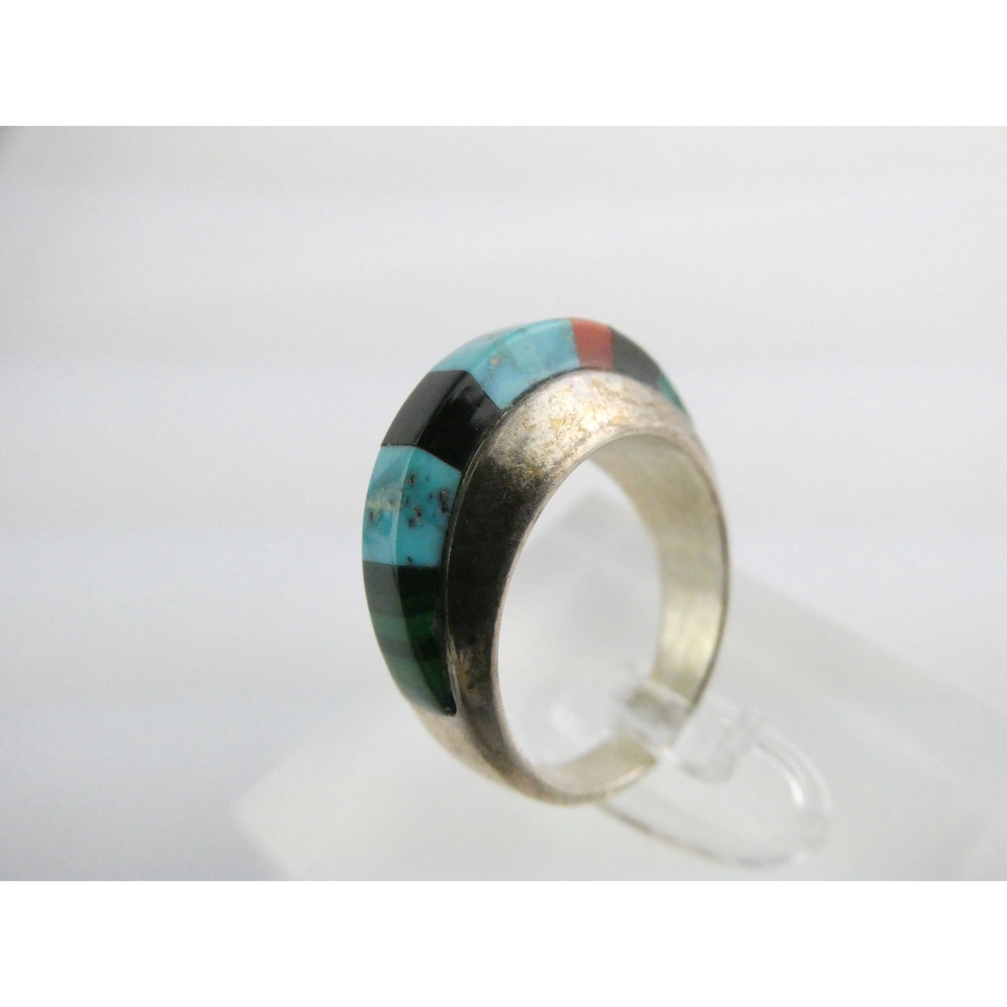 NA Navajo Chad Hoskie Sterling Silver Multi Gemstone Inlay Ring Size 6.75