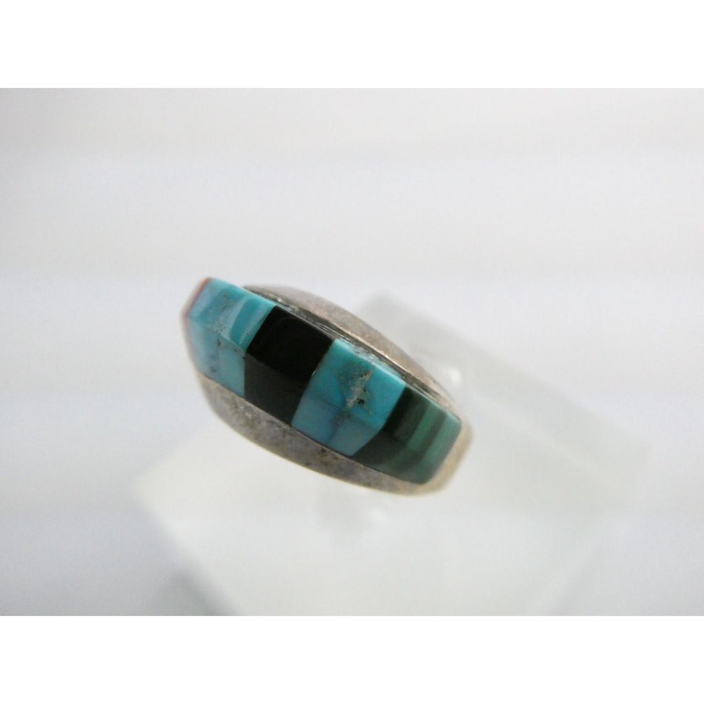 NA Navajo Chad Hoskie Sterling Silver Multi Gemstone Inlay Ring Size 6.75