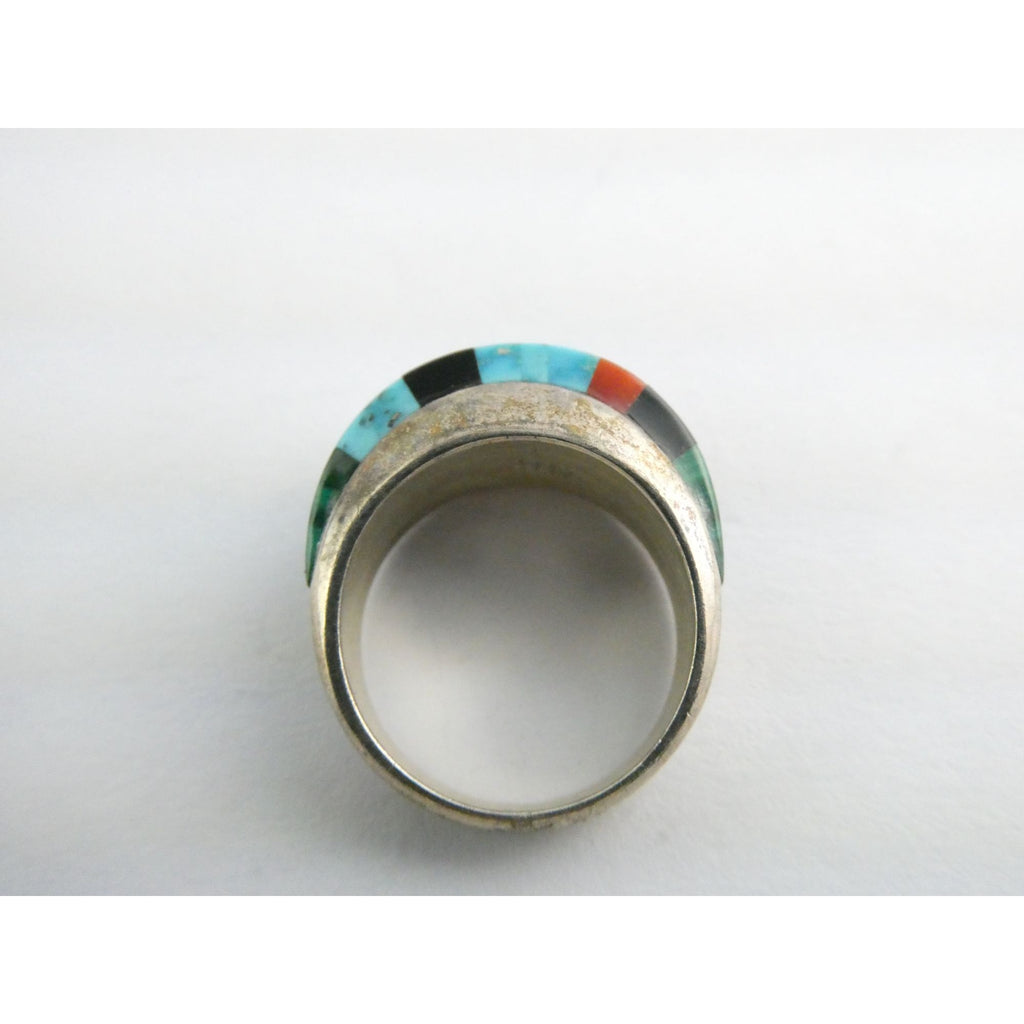 NA Navajo Chad Hoskie Sterling Silver Multi Gemstone Inlay Ring Size 6.75