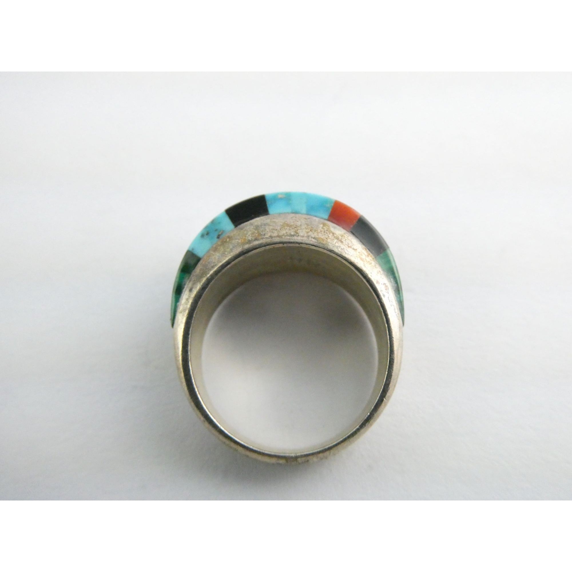 NA Navajo Chad Hoskie Sterling Silver Multi Gemstone Inlay Ring Size 6.75