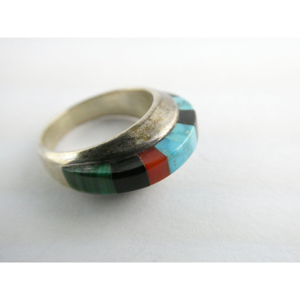 NA Navajo Chad Hoskie Sterling Silver Multi Gemstone Inlay Ring Size 6.75