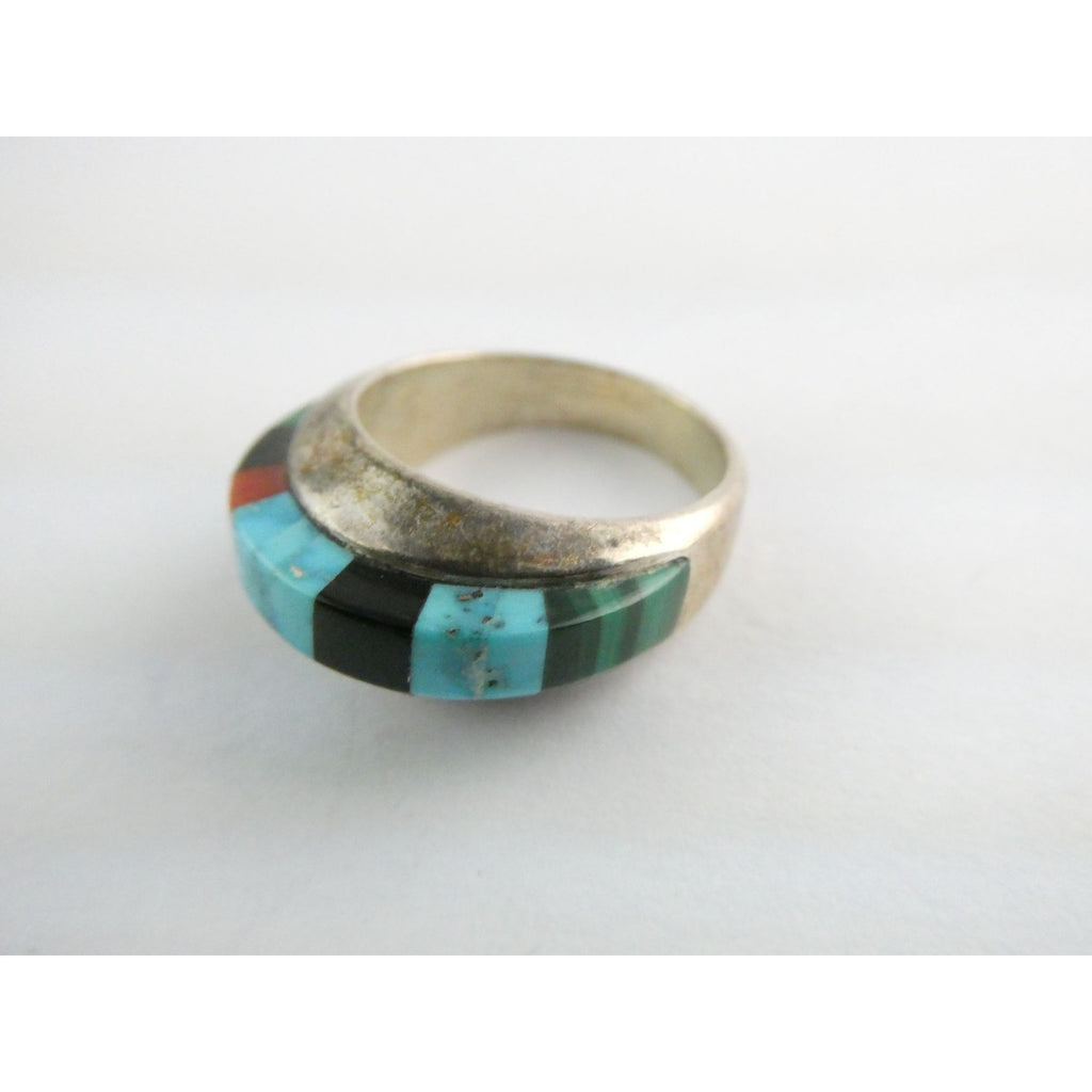 NA Navajo Chad Hoskie Sterling Silver Multi Gemstone Inlay Ring Size 6.75