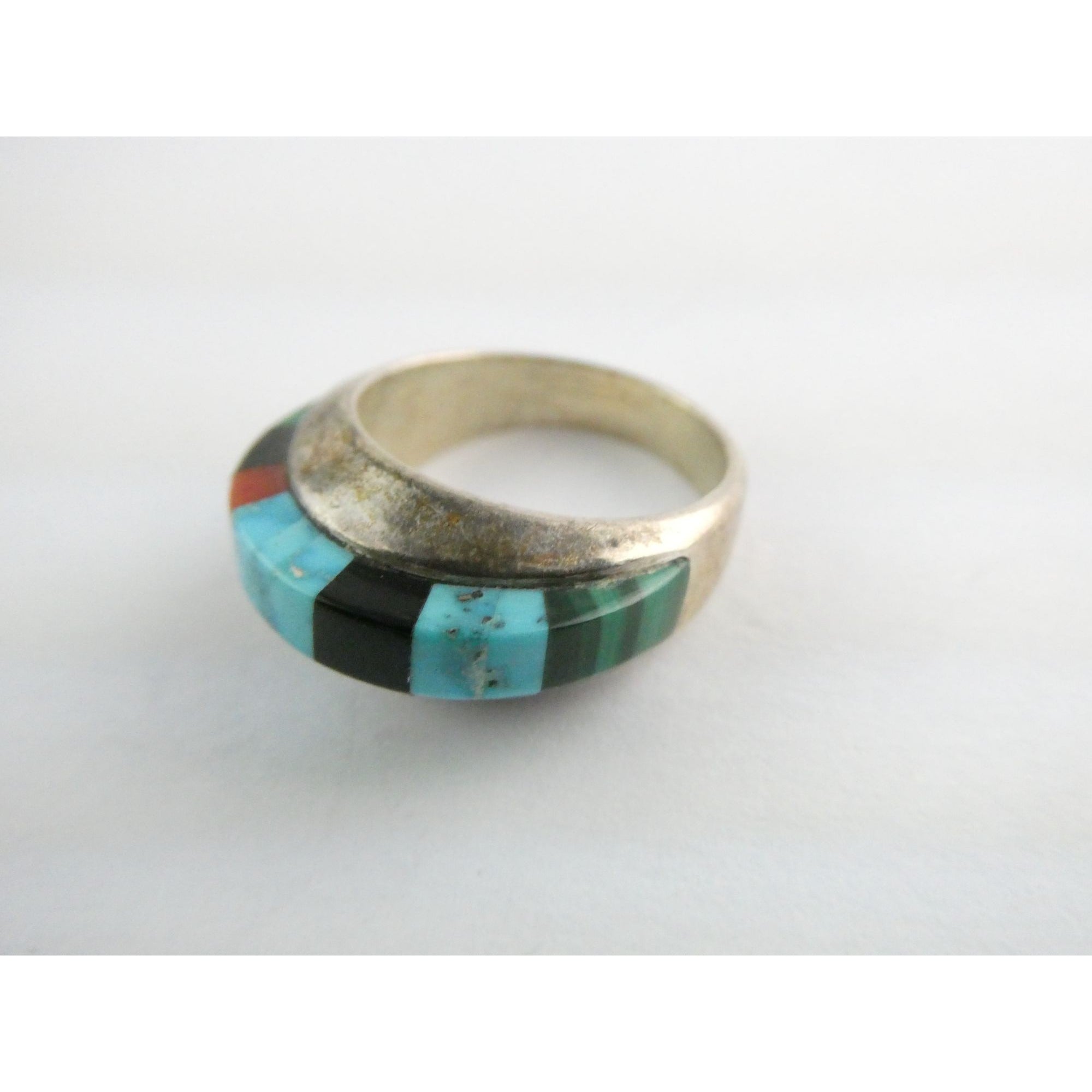 NA Navajo Chad Hoskie Sterling Silver Multi Gemstone Inlay Ring Size 6.75