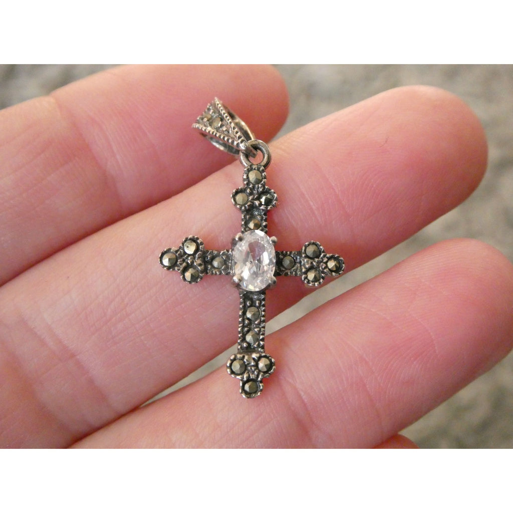 Sterling Silver Marcasite Accented Cross Pendant 2.2g 1.25 Inch Length