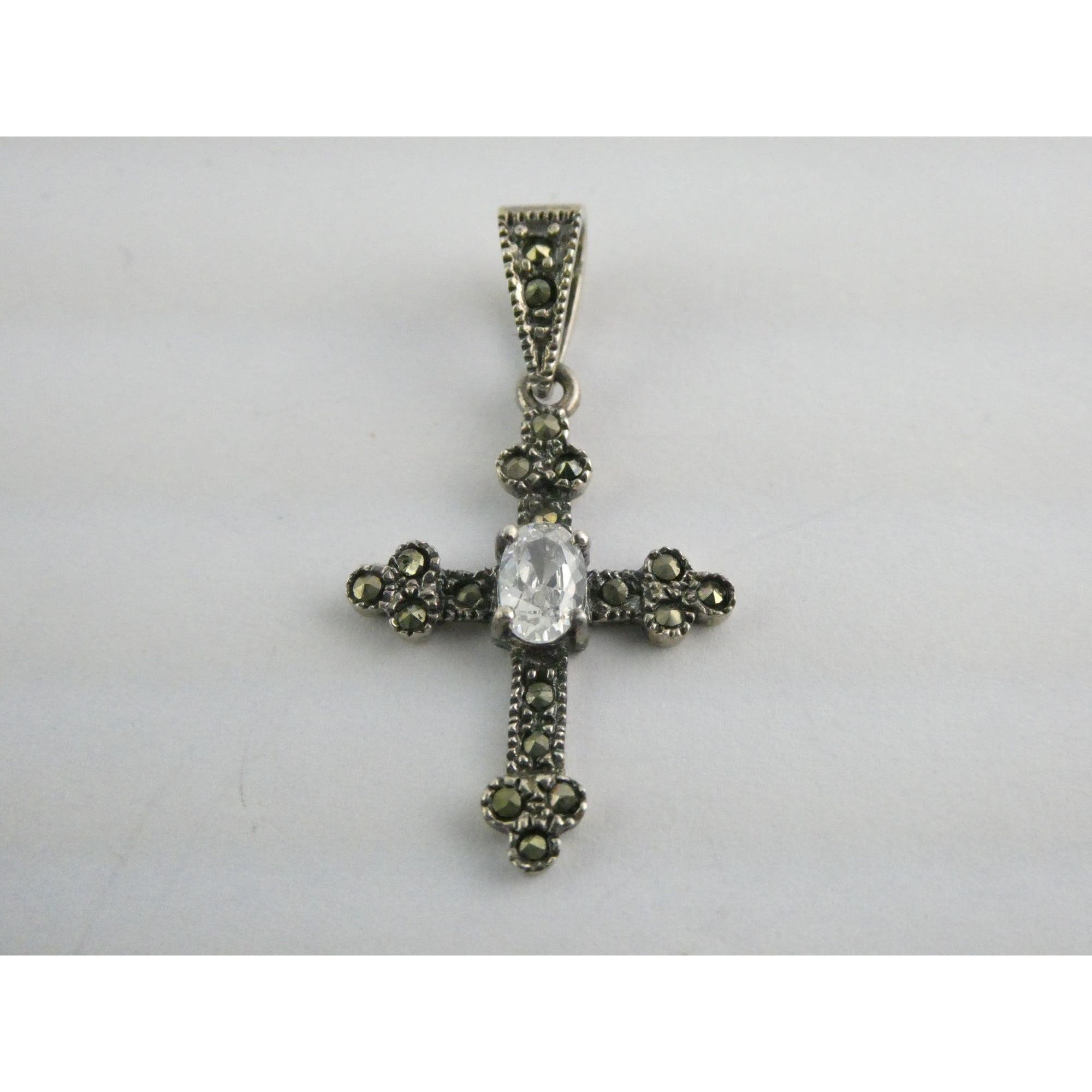 Sterling Silver Marcasite Accented Cross Pendant 2.2g 1.25 Inch Length