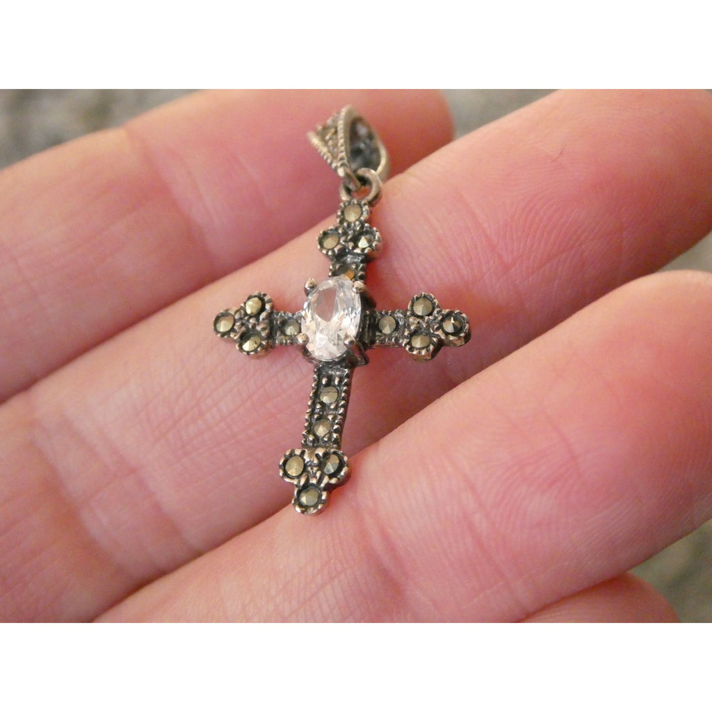 Sterling Silver Marcasite Accented Cross Pendant 2.2g 1.25 Inch Length