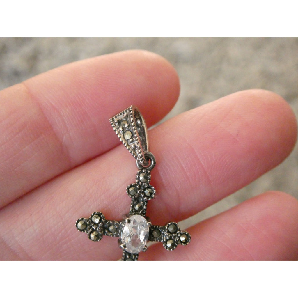Sterling Silver Marcasite Accented Cross Pendant 2.2g 1.25 Inch Length