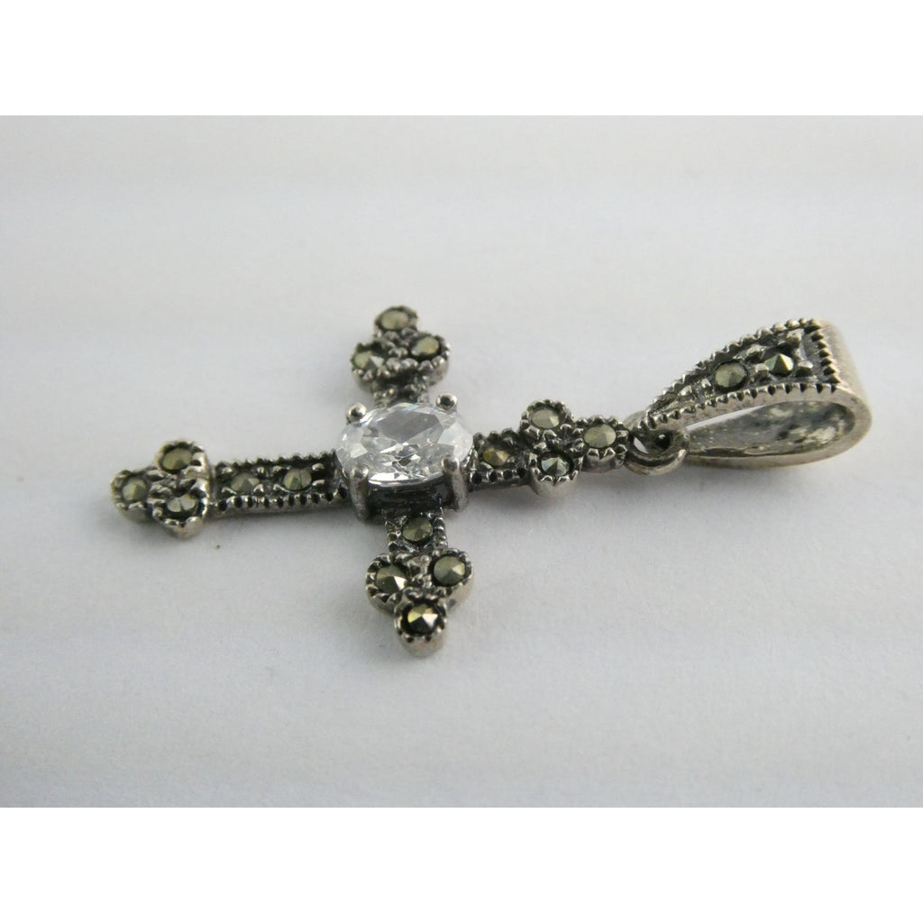 Sterling Silver Marcasite Accented Cross Pendant 2.2g 1.25 Inch Length