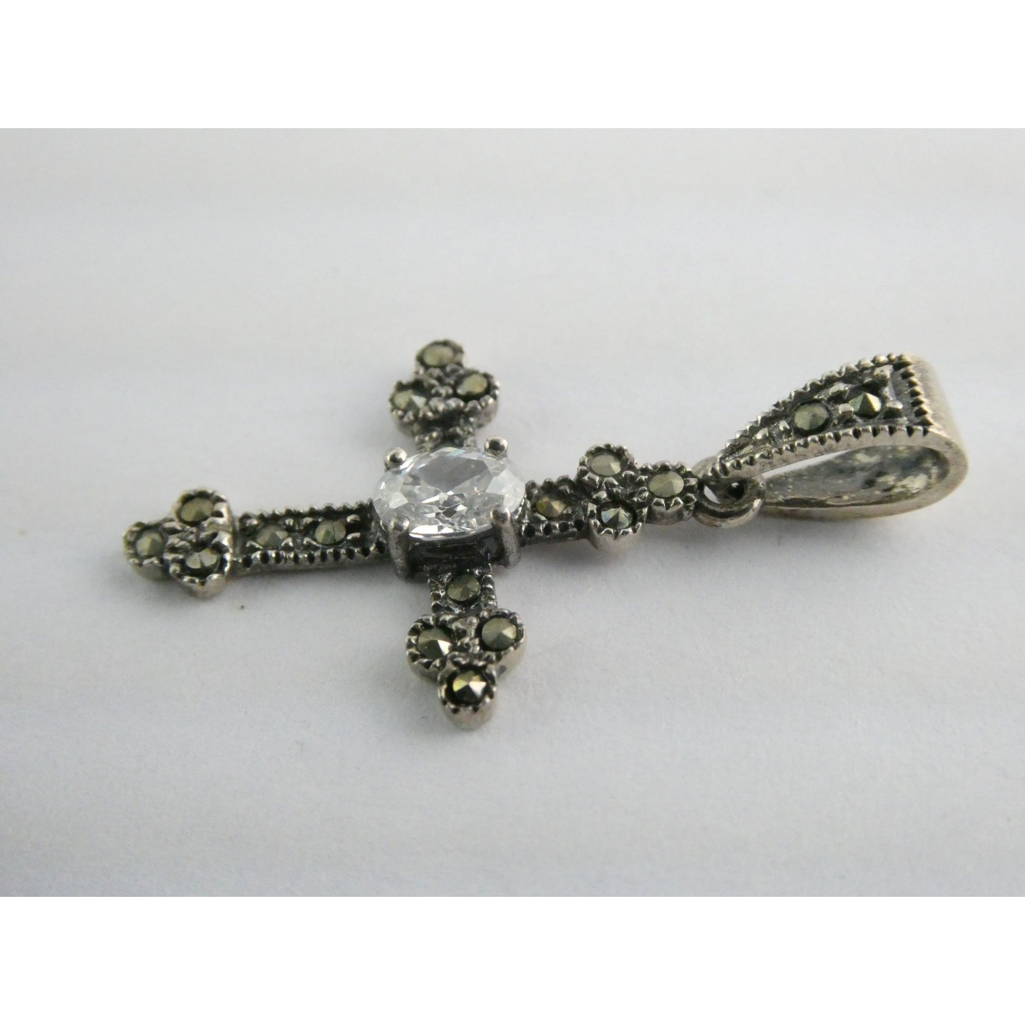 Sterling Silver Marcasite Accented Cross Pendant 2.2g 1.25 Inch Length