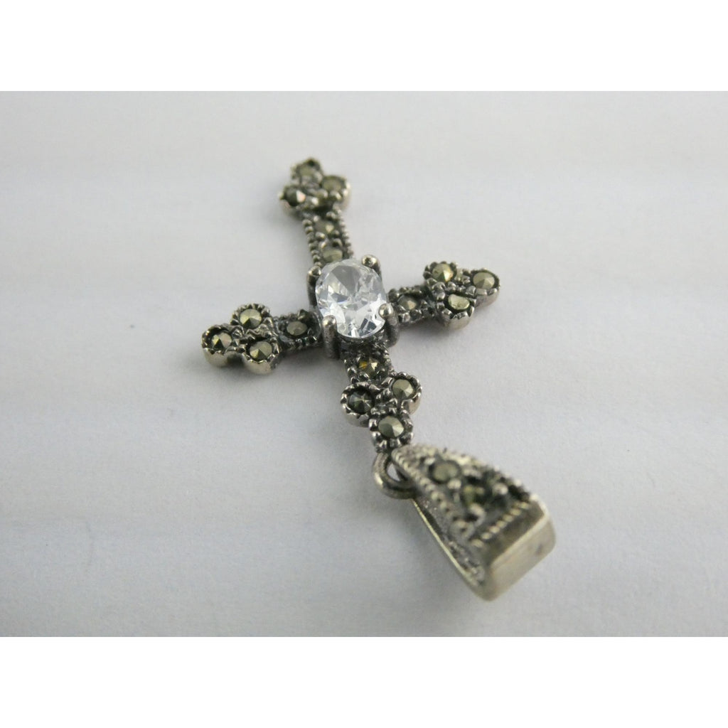 Sterling Silver Marcasite Accented Cross Pendant 2.2g 1.25 Inch Length