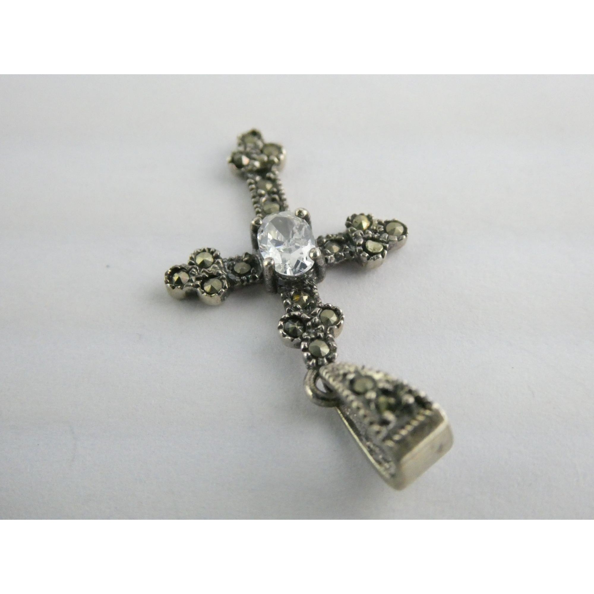 Sterling Silver Marcasite Accented Cross Pendant 2.2g 1.25 Inch Length