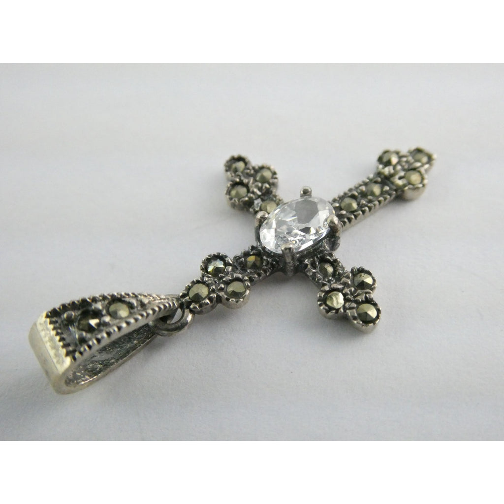 Sterling Silver Marcasite Accented Cross Pendant 2.2g 1.25 Inch Length