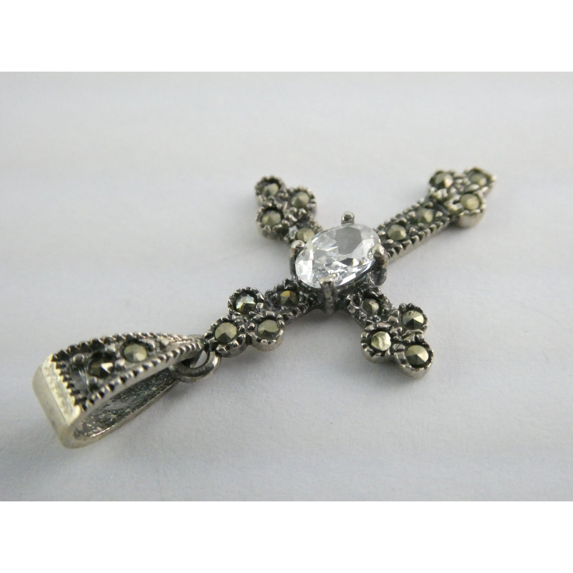 Sterling Silver Marcasite Accented Cross Pendant 2.2g 1.25 Inch Length