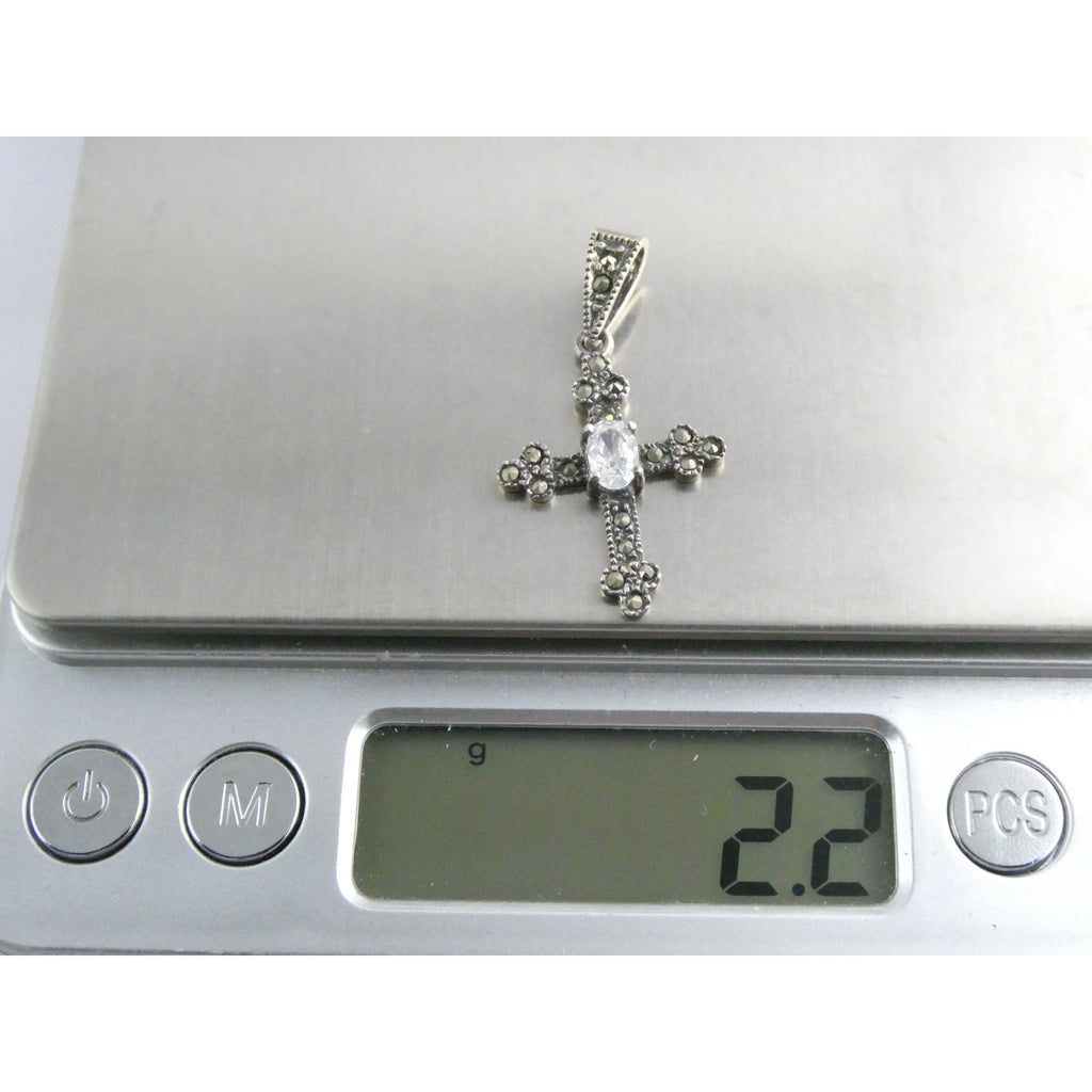 Sterling Silver Marcasite Accented Cross Pendant 2.2g 1.25 Inch Length