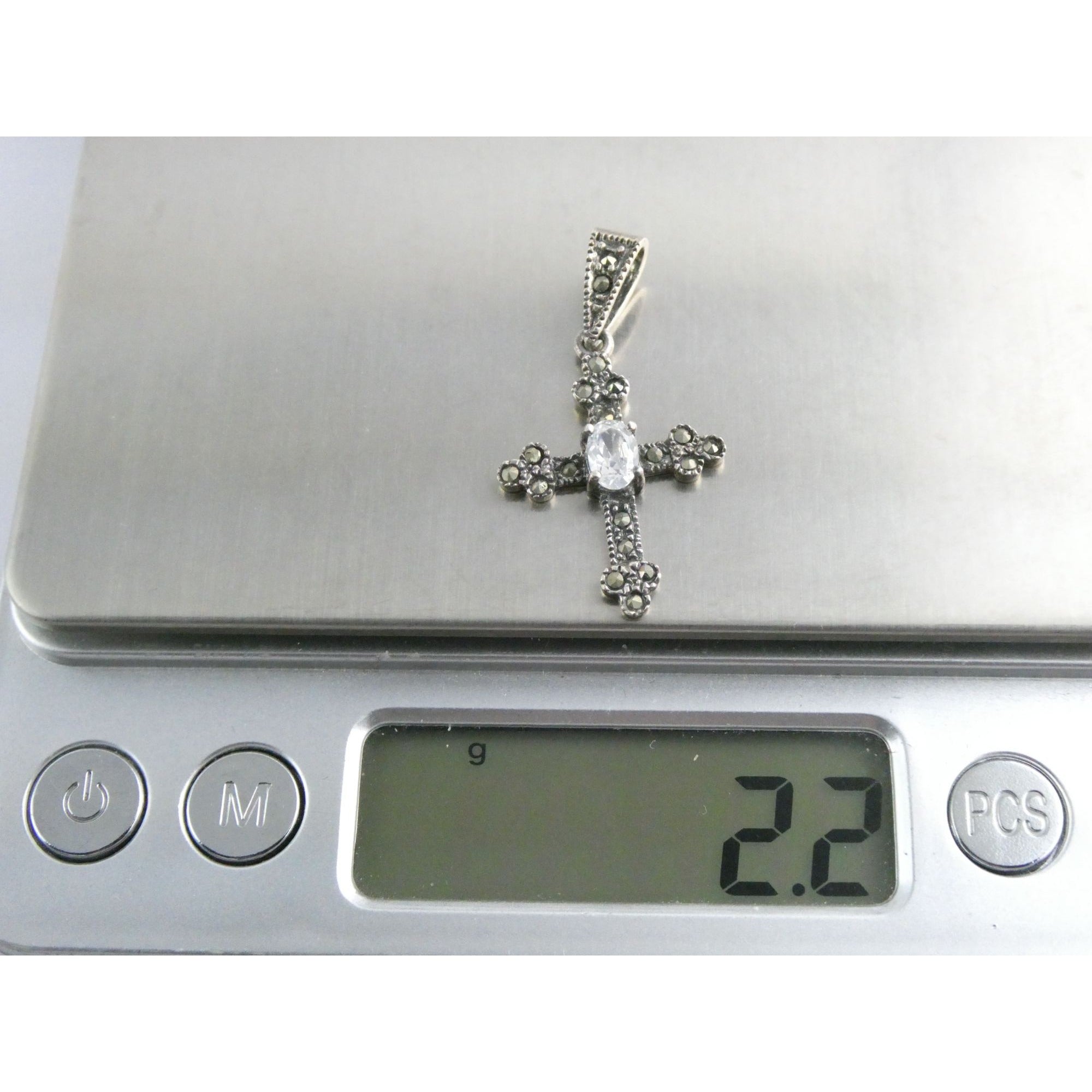 Sterling Silver Marcasite Accented Cross Pendant 2.2g 1.25 Inch Length