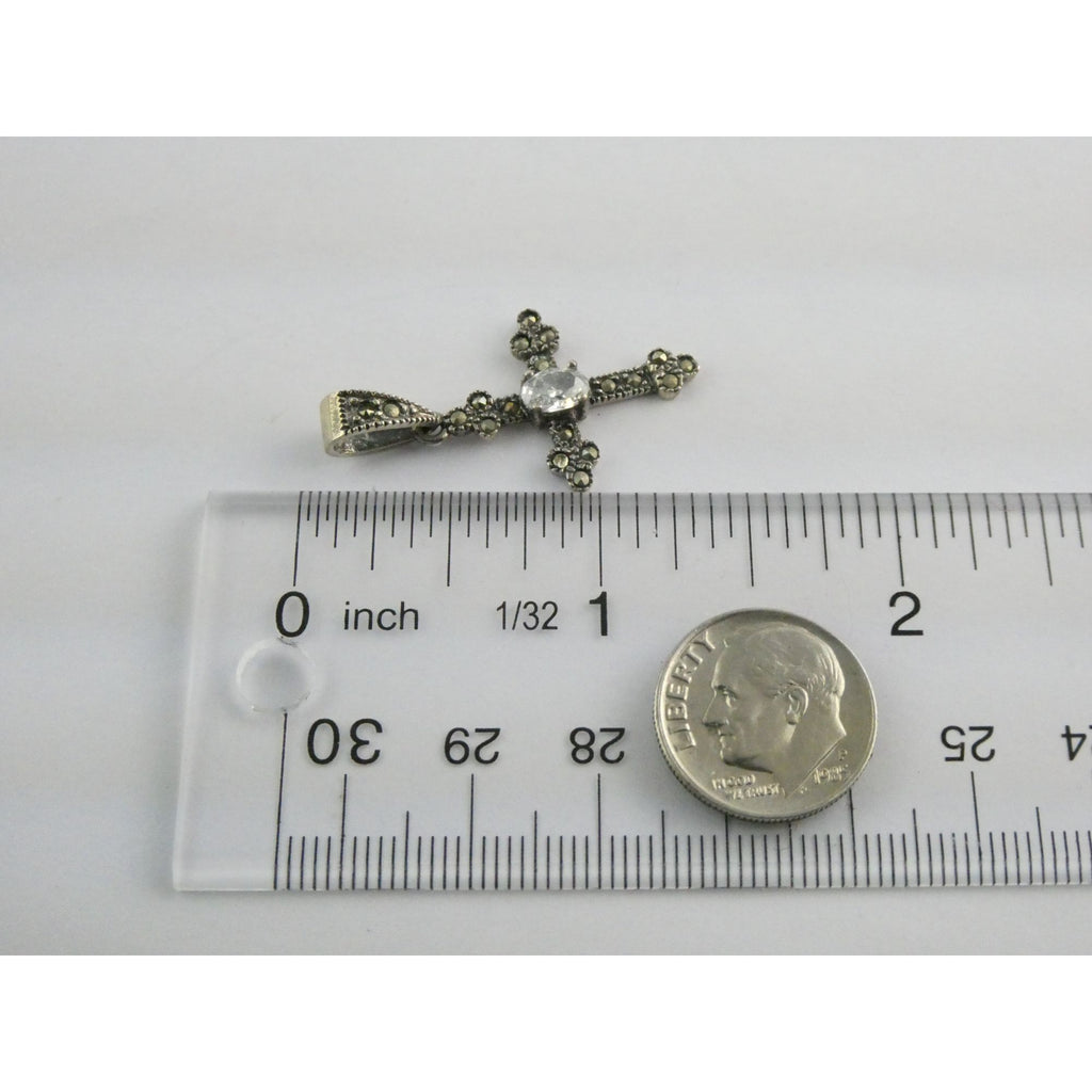 Sterling Silver Marcasite Accented Cross Pendant 2.2g 1.25 Inch Length