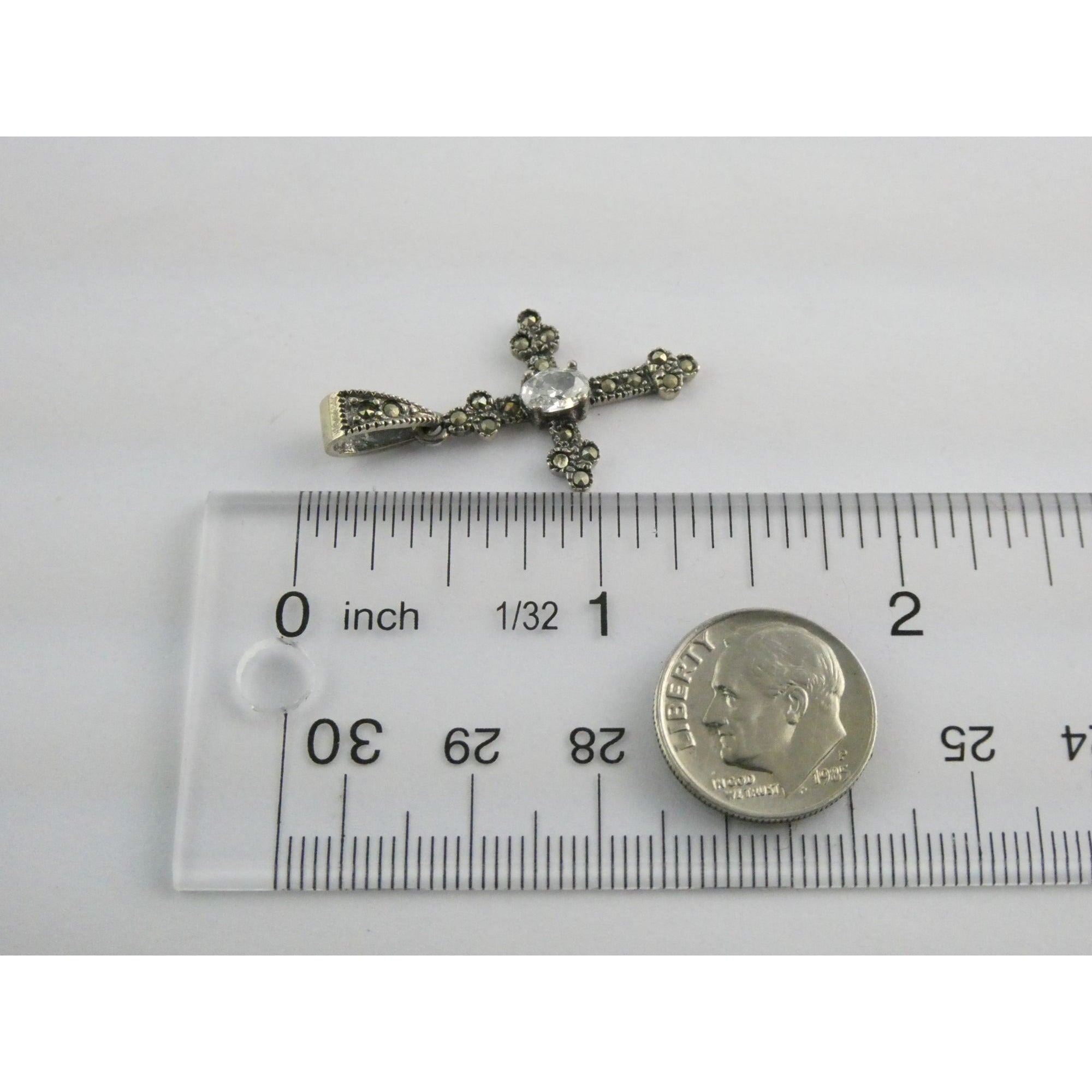 Sterling Silver Marcasite Accented Cross Pendant 2.2g 1.25 Inch Length