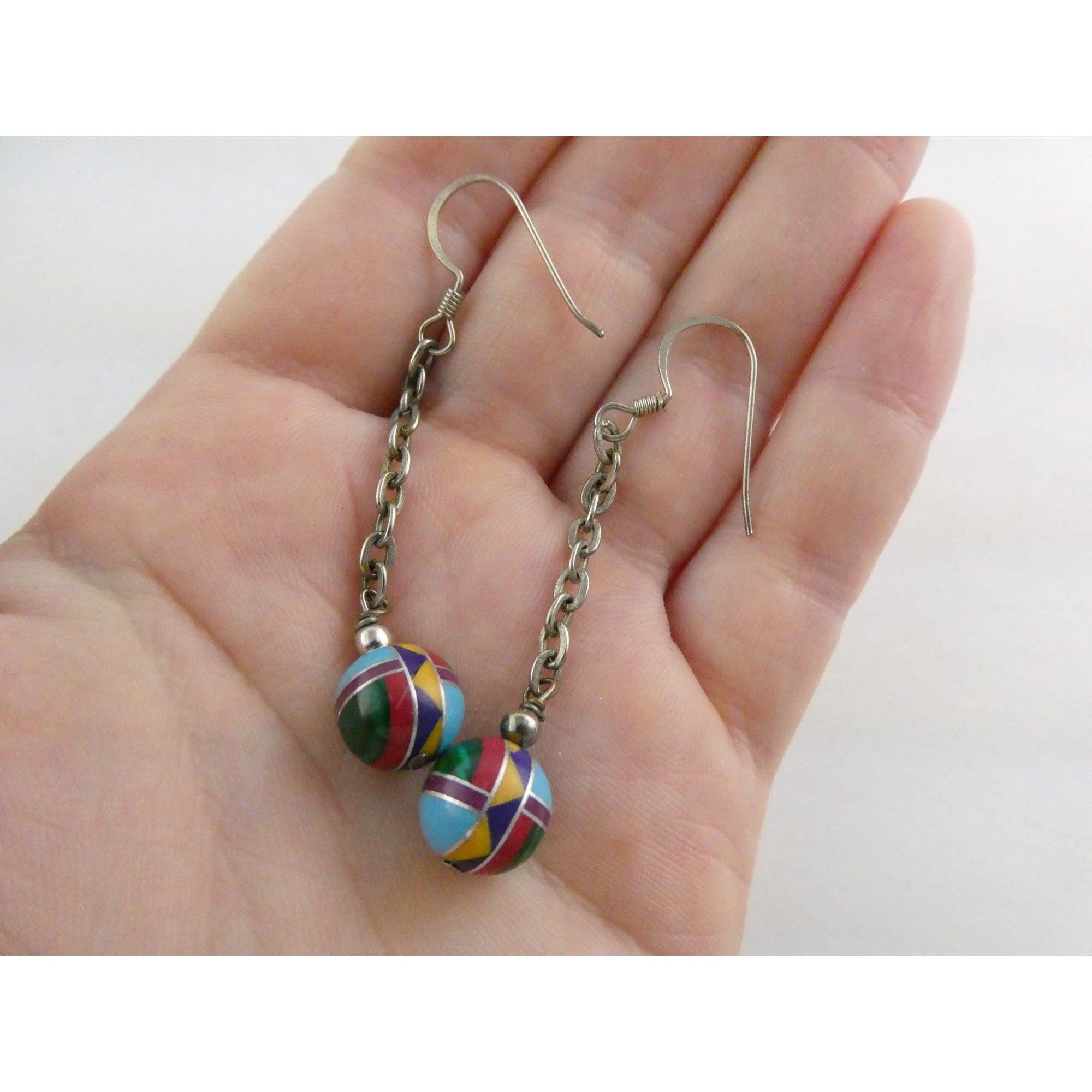 Southwestern Sterling Silver Multi Gem Inlay Ball Dangling Hook Earrings 3g 2 In