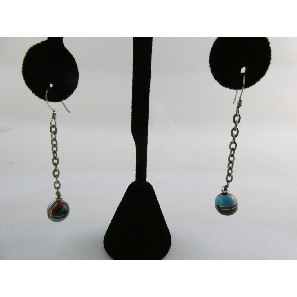 Southwestern Sterling Silver Multi Gem Inlay Ball Dangling Hook Earrings 3g 2 In