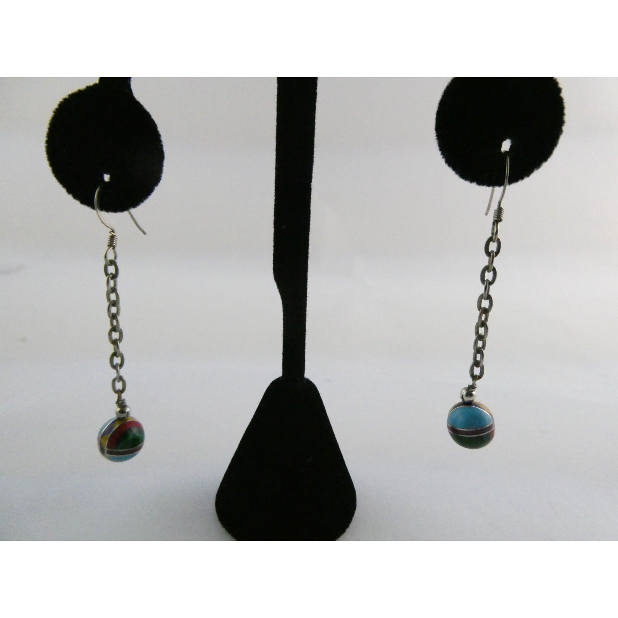 Southwestern Sterling Silver Multi Gem Inlay Ball Dangling Hook Earrings 3g 2 In