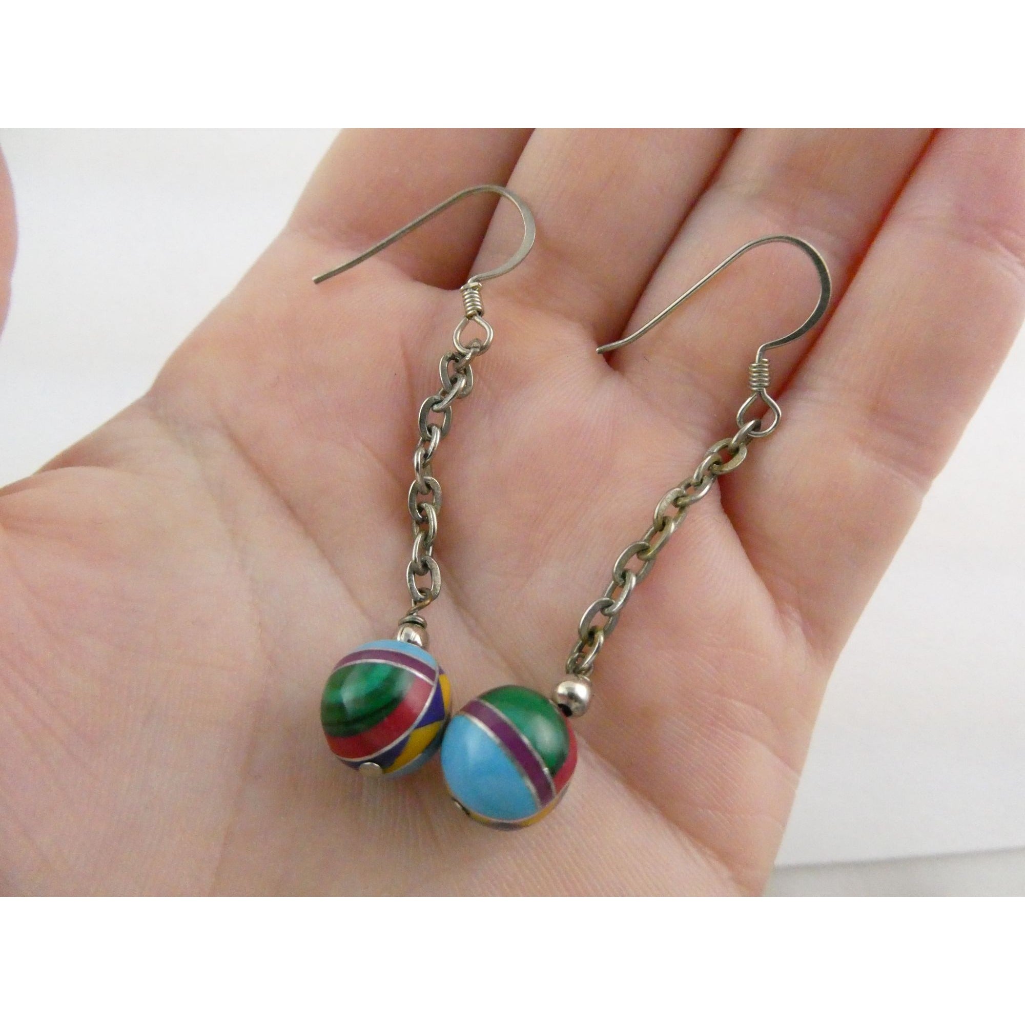 Southwestern Sterling Silver Multi Gem Inlay Ball Dangling Hook Earrings 3g 2 In