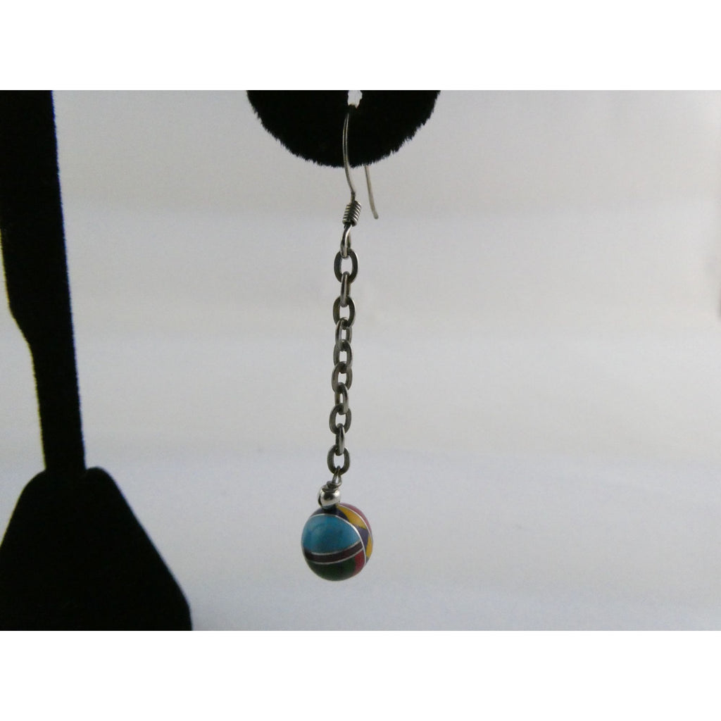 Southwestern Sterling Silver Multi Gem Inlay Ball Dangling Hook Earrings 3g 2 In
