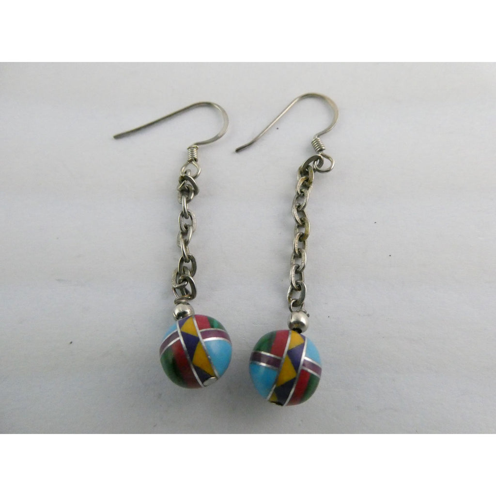 Southwestern Sterling Silver Multi Gem Inlay Ball Dangling Hook Earrings 3g 2 In