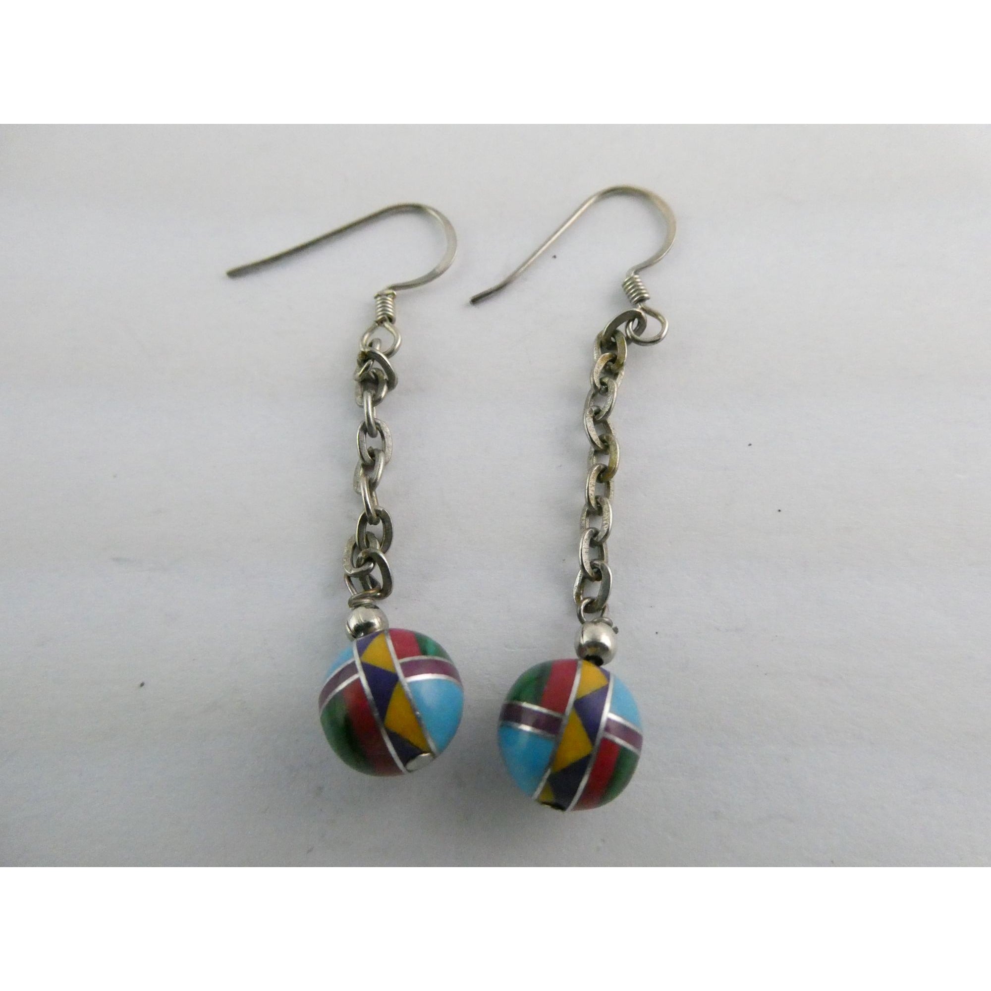 Southwestern Sterling Silver Multi Gem Inlay Ball Dangling Hook Earrings 3g 2 In