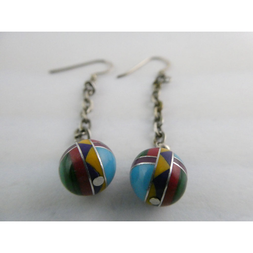 Southwestern Sterling Silver Multi Gem Inlay Ball Dangling Hook Earrings 3g 2 In