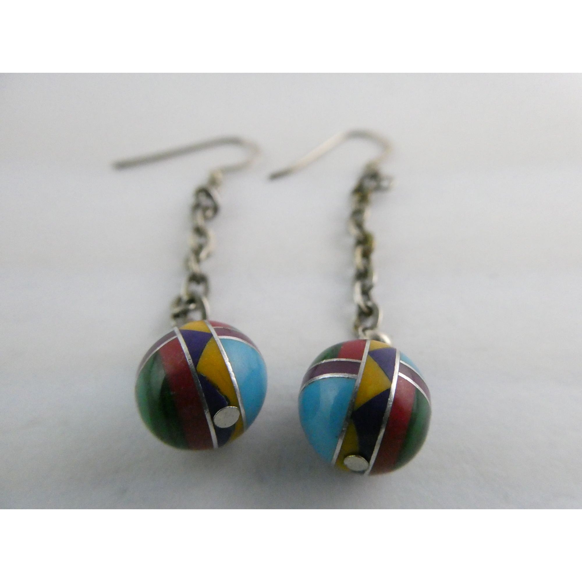 Southwestern Sterling Silver Multi Gem Inlay Ball Dangling Hook Earrings 3g 2 In