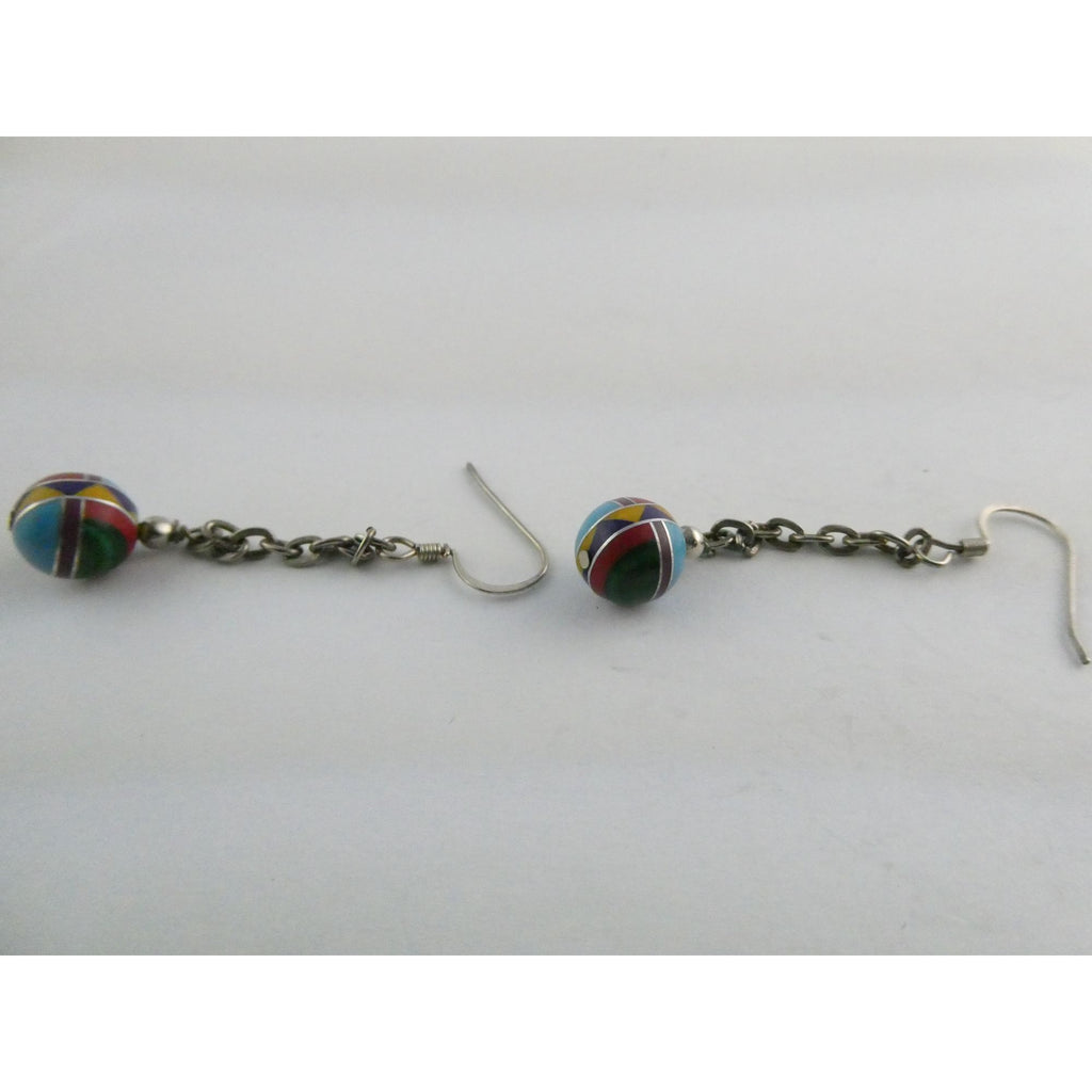 Southwestern Sterling Silver Multi Gem Inlay Ball Dangling Hook Earrings 3g 2 In