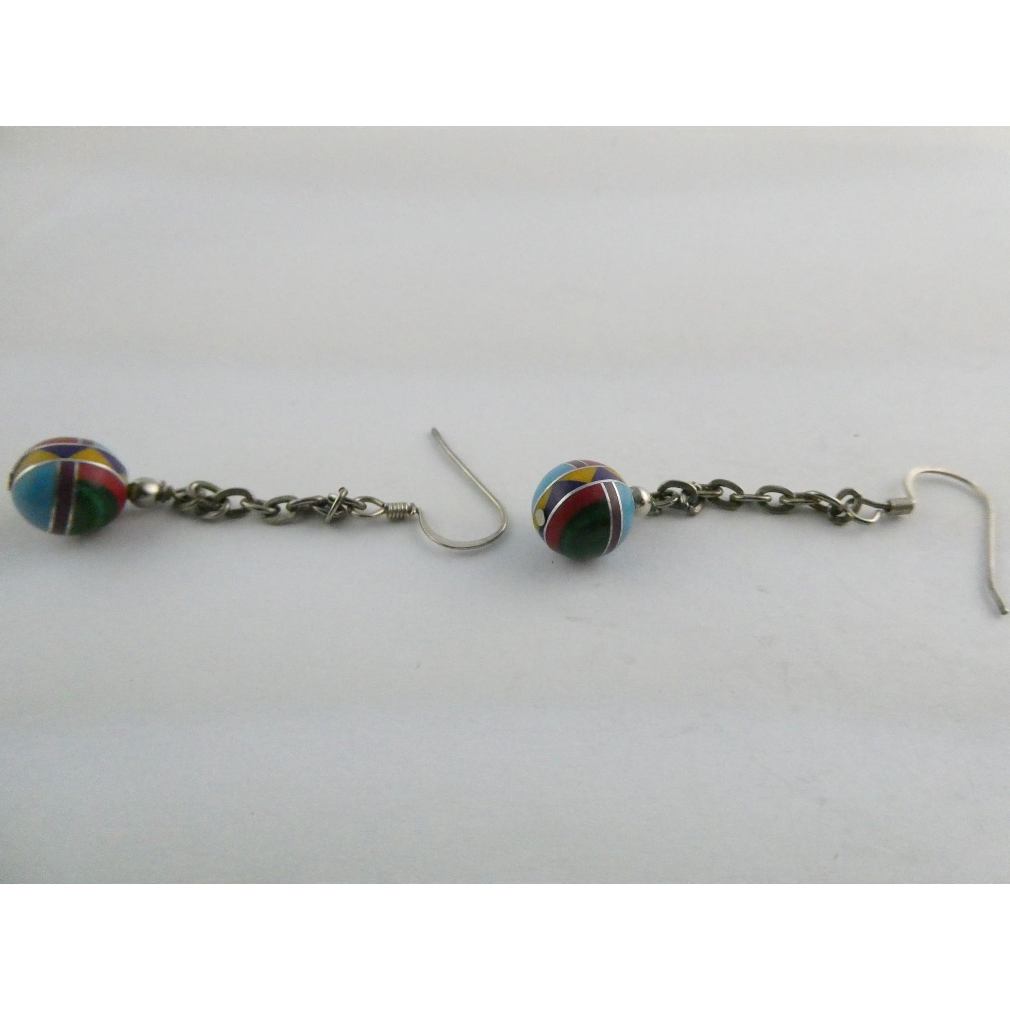 Southwestern Sterling Silver Multi Gem Inlay Ball Dangling Hook Earrings 3g 2 In