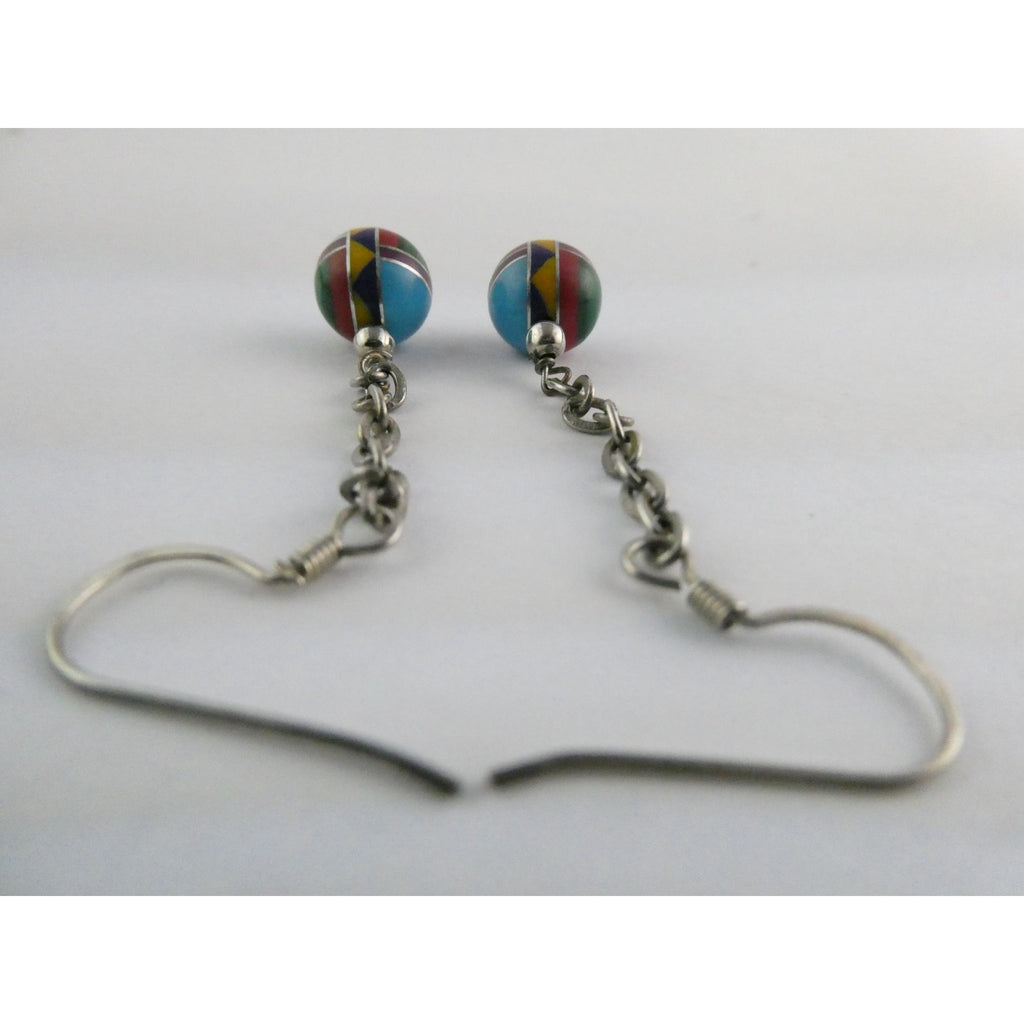 Southwestern Sterling Silver Multi Gem Inlay Ball Dangling Hook Earrings 3g 2 In
