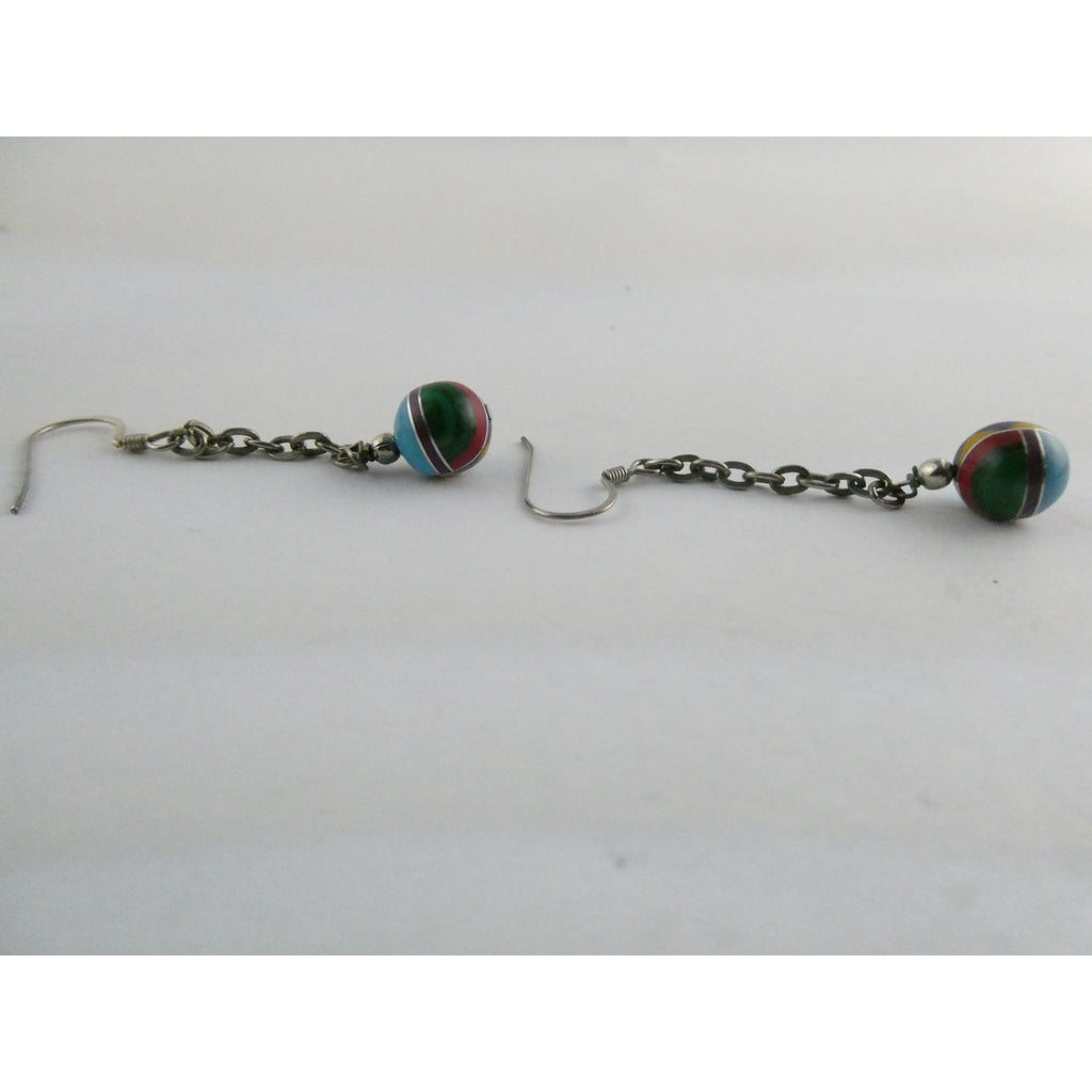 Southwestern Sterling Silver Multi Gem Inlay Ball Dangling Hook Earrings 3g 2 In