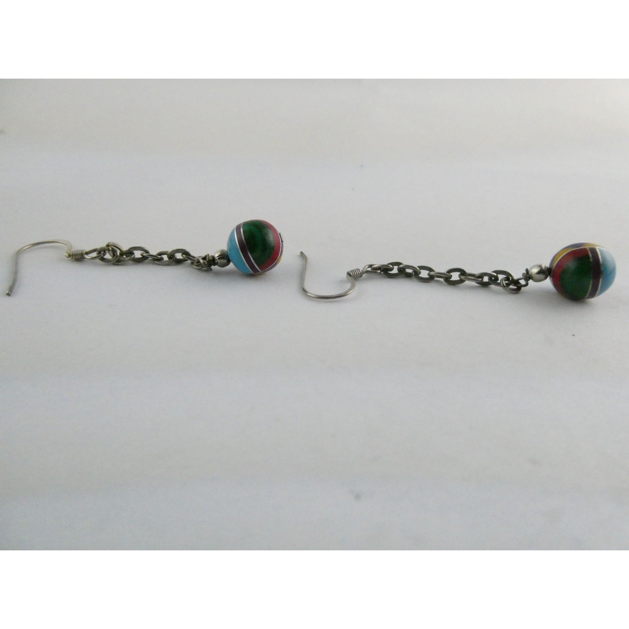 Southwestern Sterling Silver Multi Gem Inlay Ball Dangling Hook Earrings 3g 2 In