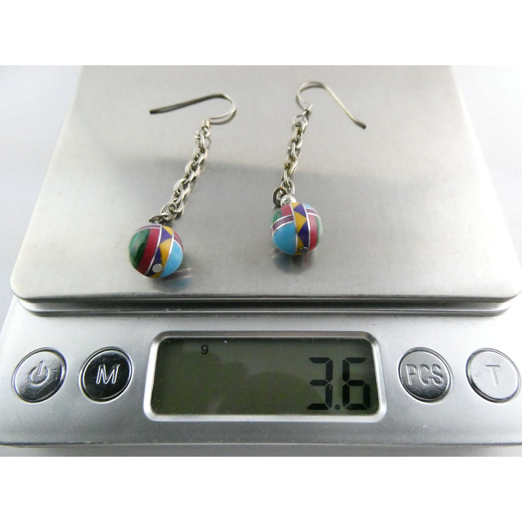 Southwestern Sterling Silver Multi Gem Inlay Ball Dangling Hook Earrings 3g 2 In