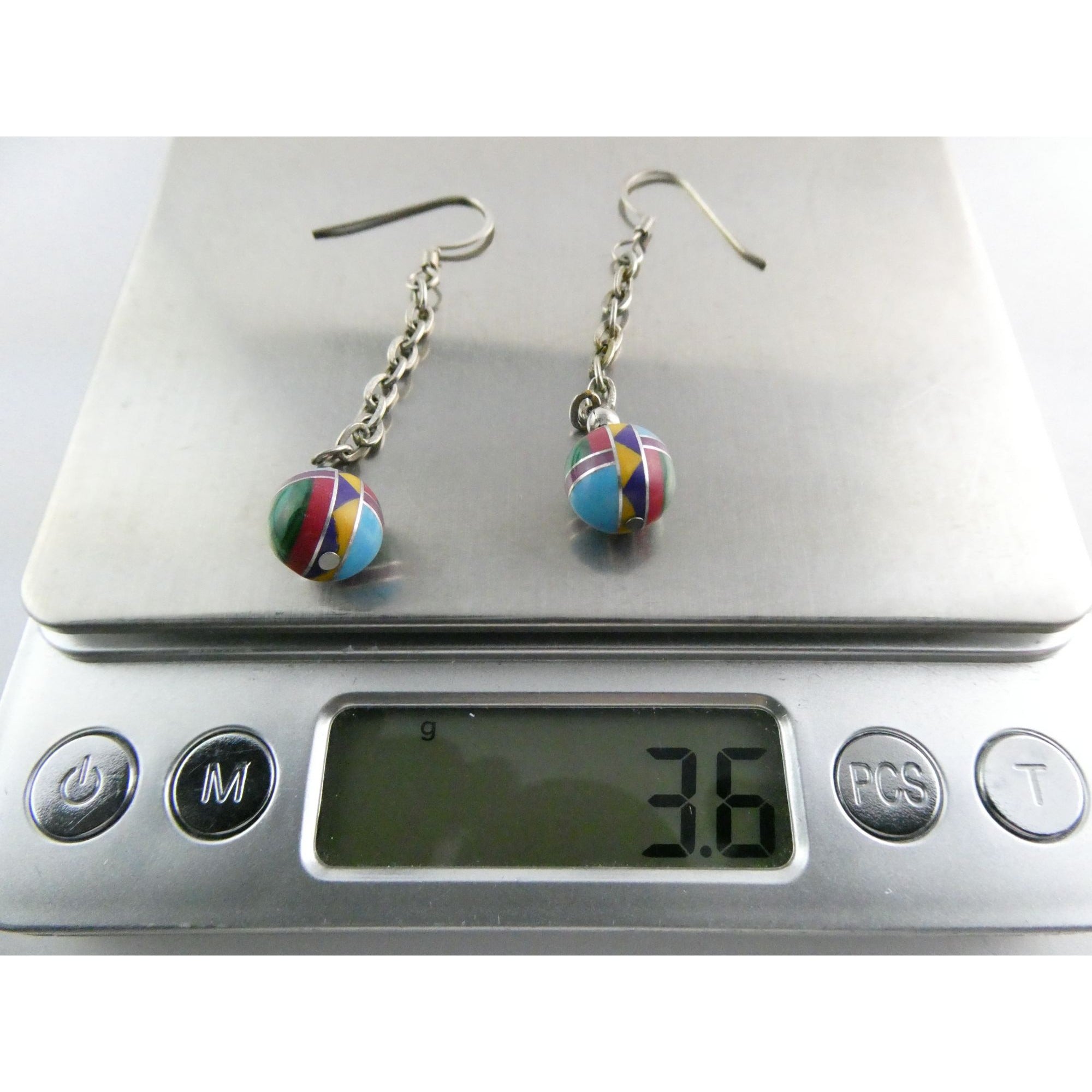 Southwestern Sterling Silver Multi Gem Inlay Ball Dangling Hook Earrings 3g 2 In
