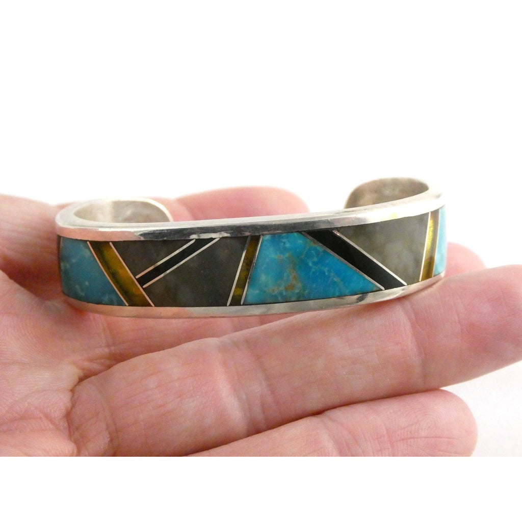 TT Hand Pictomark Southwestern Sterling Silver Turquoise Jet Agate Cuff Bracelet