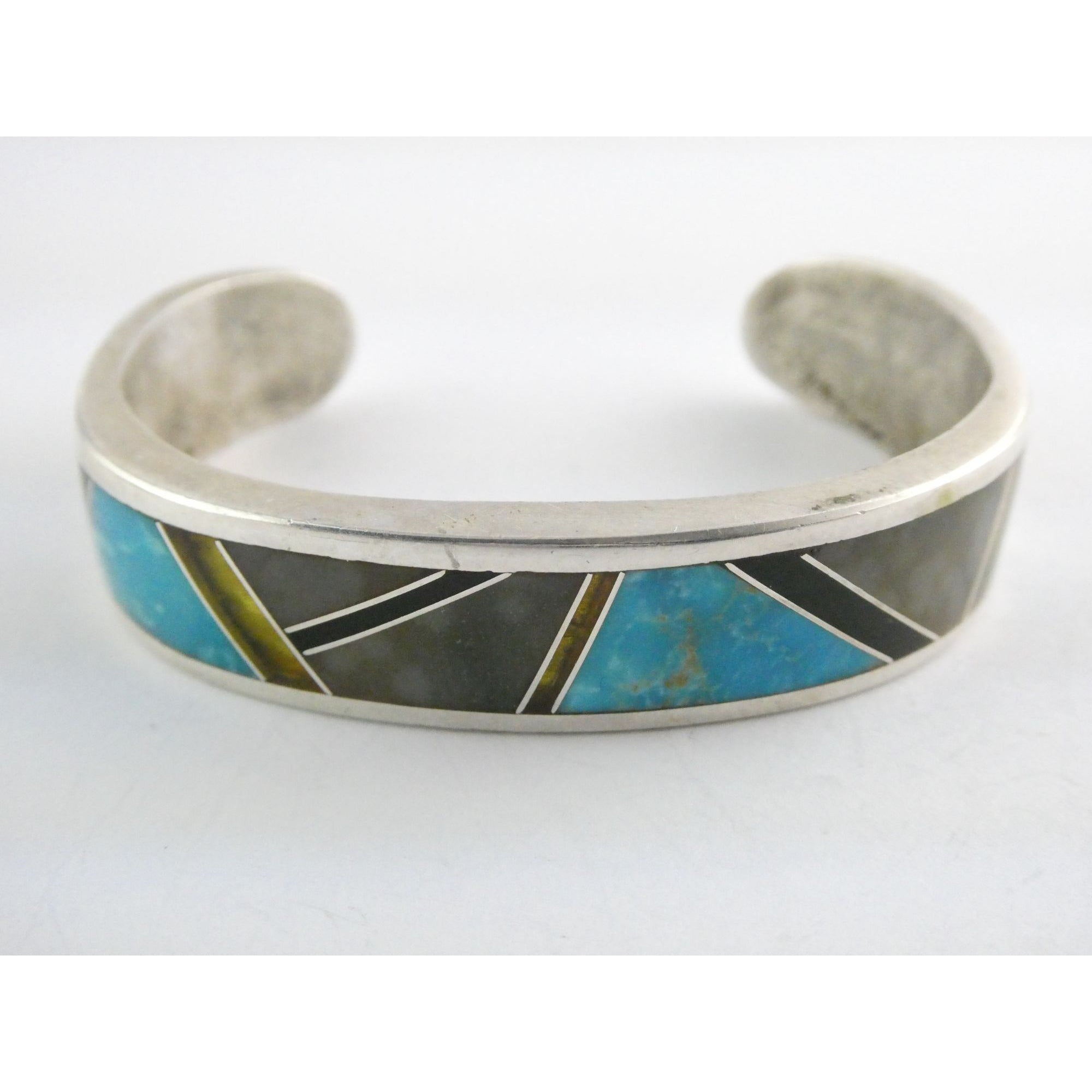 TT Hand Pictomark Southwestern Sterling Silver Turquoise Jet Agate Cuff Bracelet