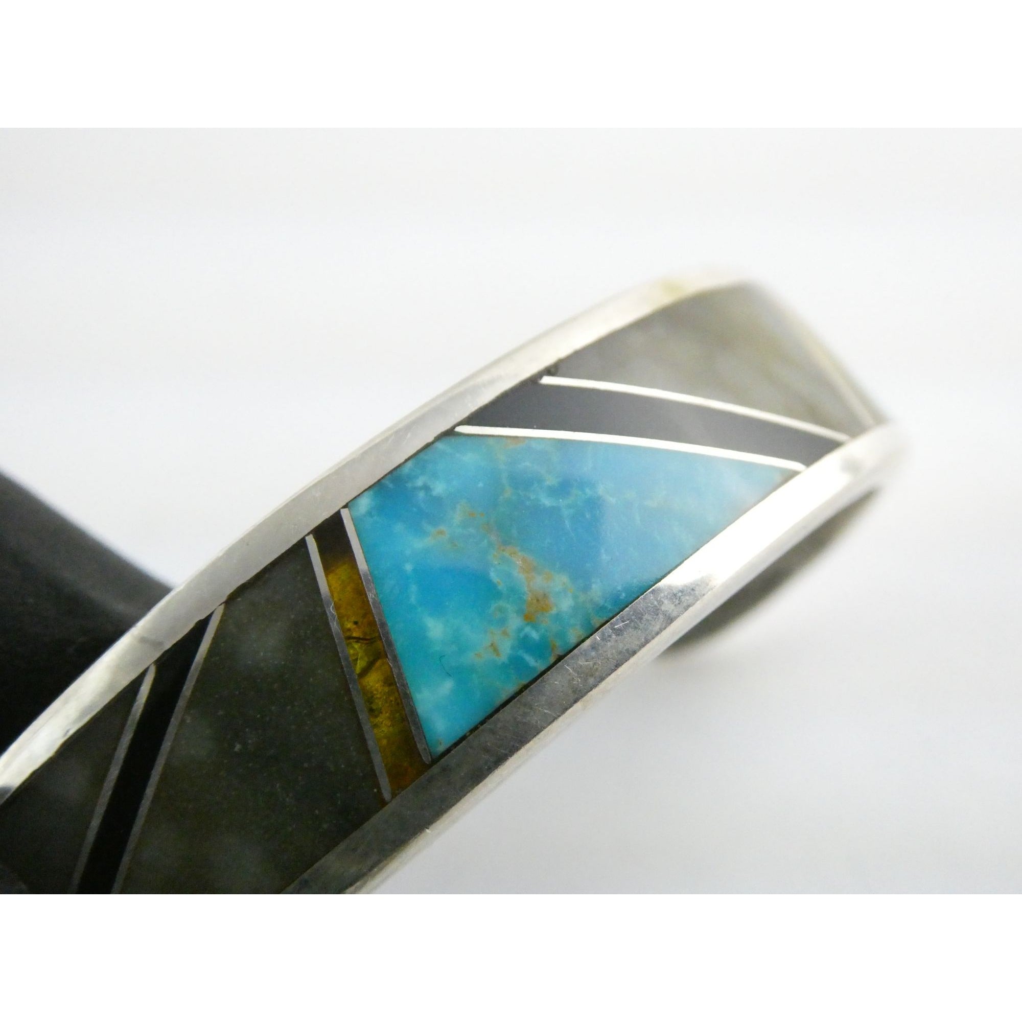 TT Hand Pictomark Southwestern Sterling Silver Turquoise Jet Agate Cuff Bracelet