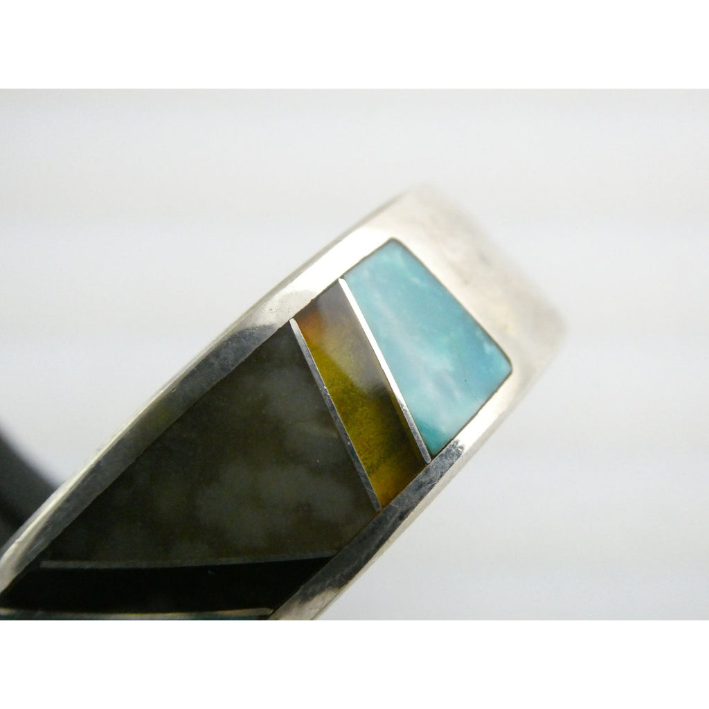 TT Hand Pictomark Southwestern Sterling Silver Turquoise Jet Agate Cuff Bracelet