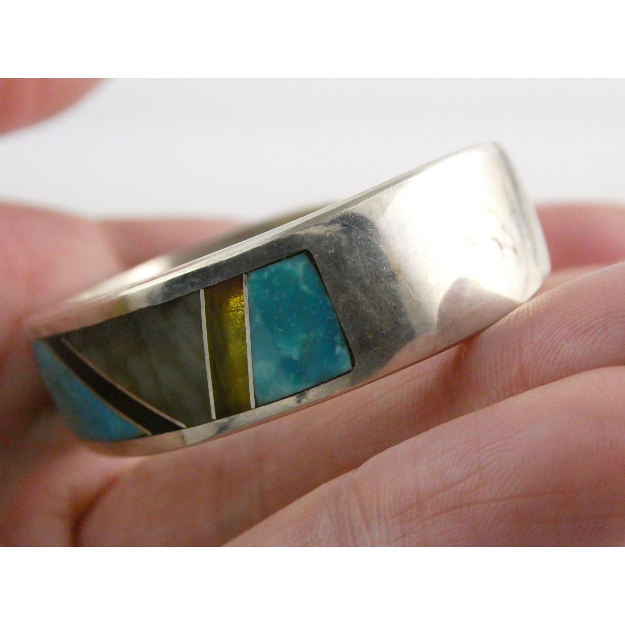 TT Hand Pictomark Southwestern Sterling Silver Turquoise Jet Agate Cuff Bracelet
