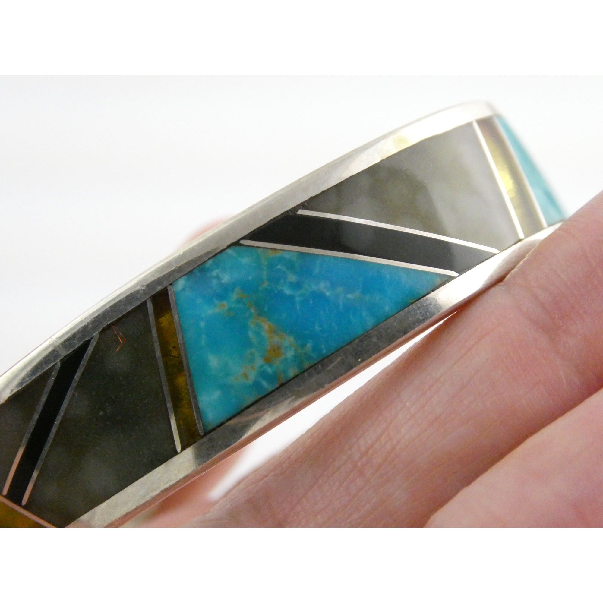 TT Hand Pictomark Southwestern Sterling Silver Turquoise Jet Agate Cuff Bracelet