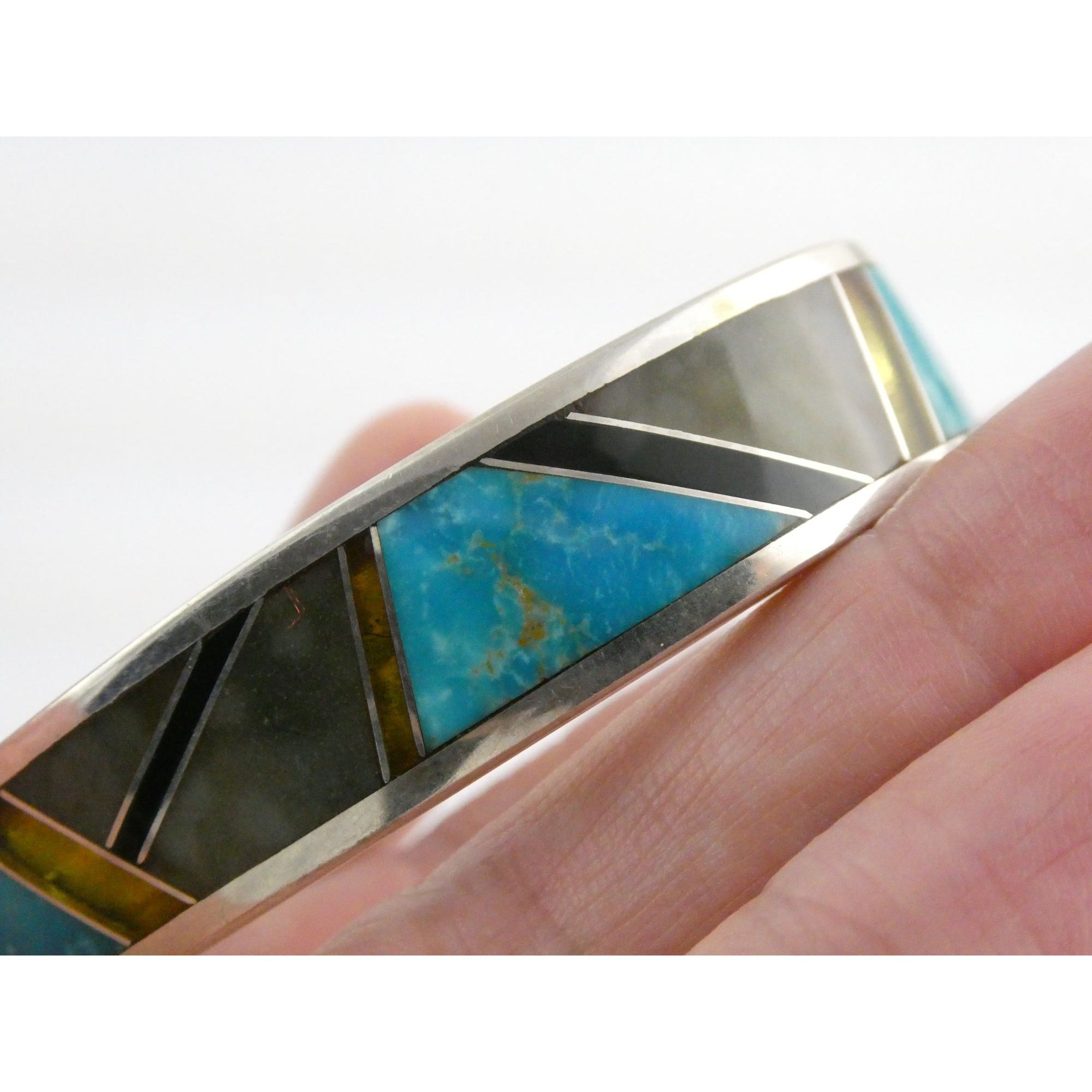 TT Hand Pictomark Southwestern Sterling Silver Turquoise Jet Agate Cuff Bracelet