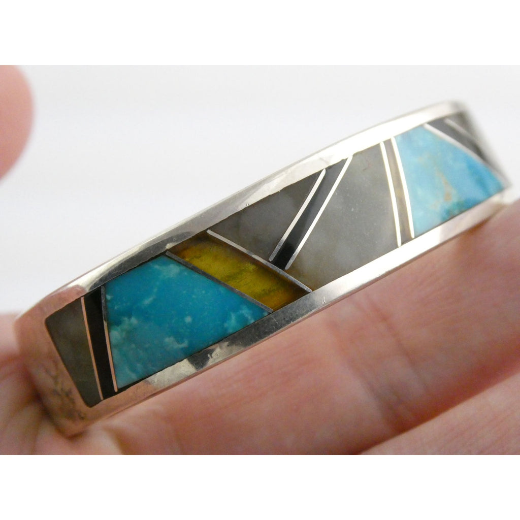 TT Hand Pictomark Southwestern Sterling Silver Turquoise Jet Agate Cuff Bracelet