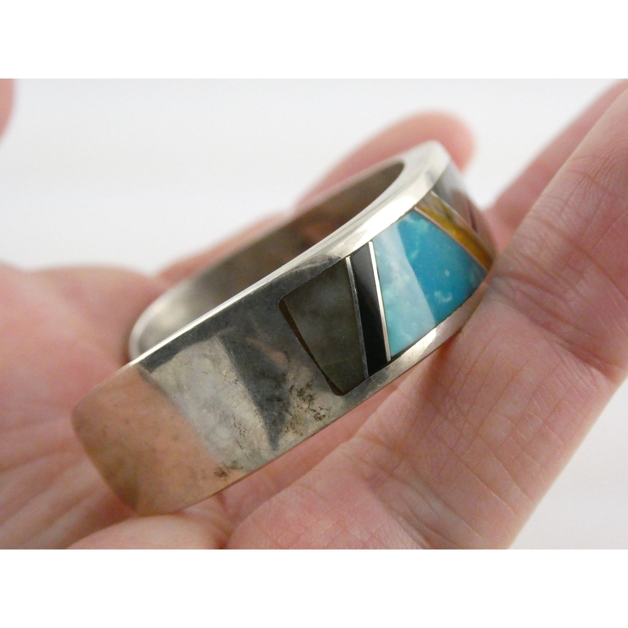 TT Hand Pictomark Southwestern Sterling Silver Turquoise Jet Agate Cuff Bracelet