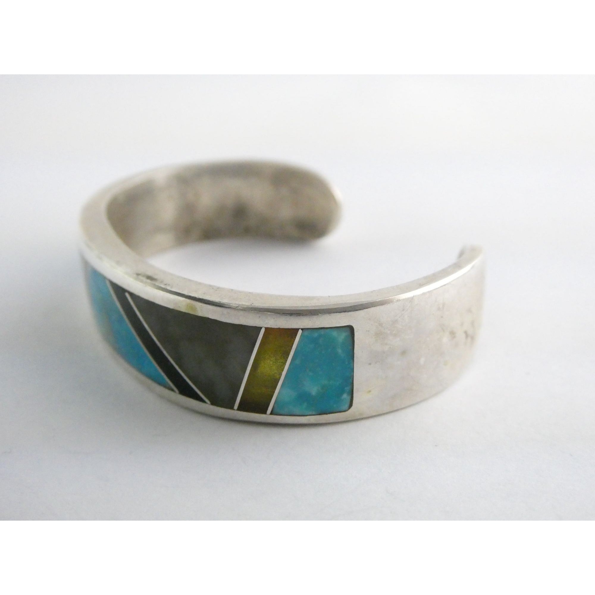TT Hand Pictomark Southwestern Sterling Silver Turquoise Jet Agate Cuff Bracelet
