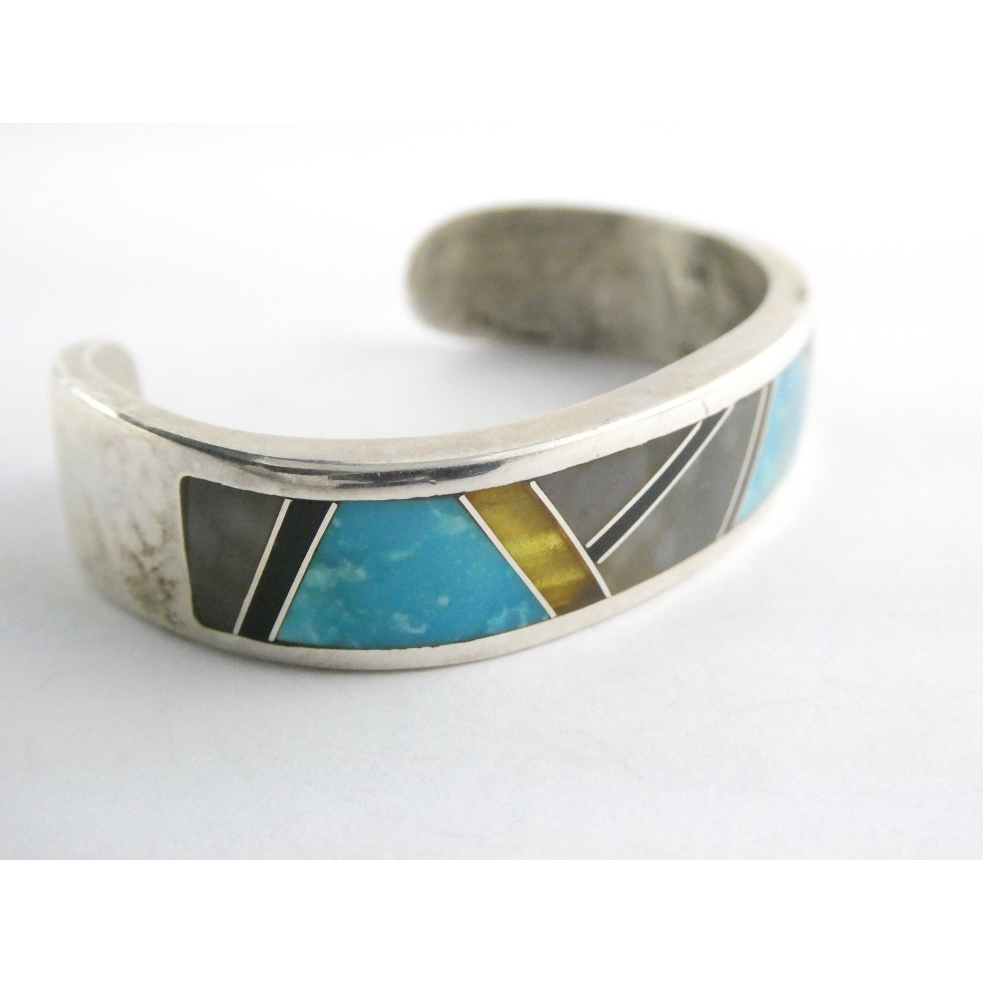 TT Hand Pictomark Southwestern Sterling Silver Turquoise Jet Agate Cuff Bracelet
