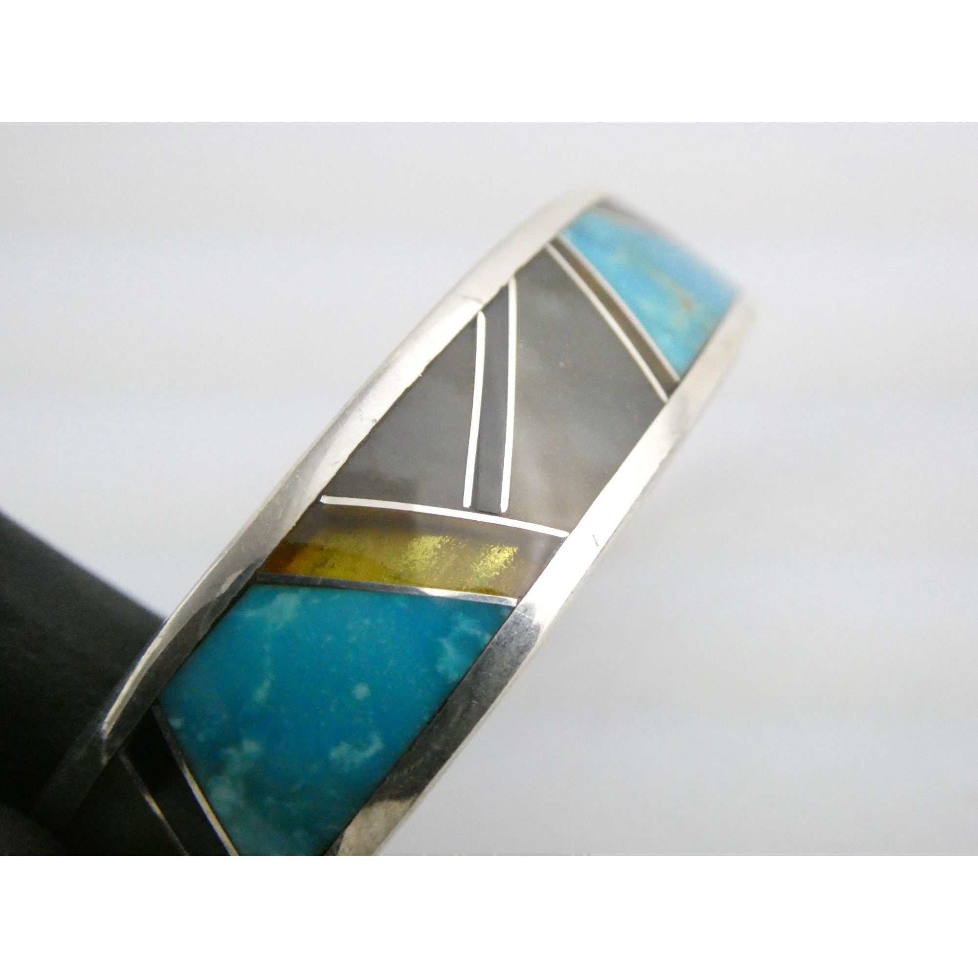 TT Hand Pictomark Southwestern Sterling Silver Turquoise Jet Agate Cuff Bracelet