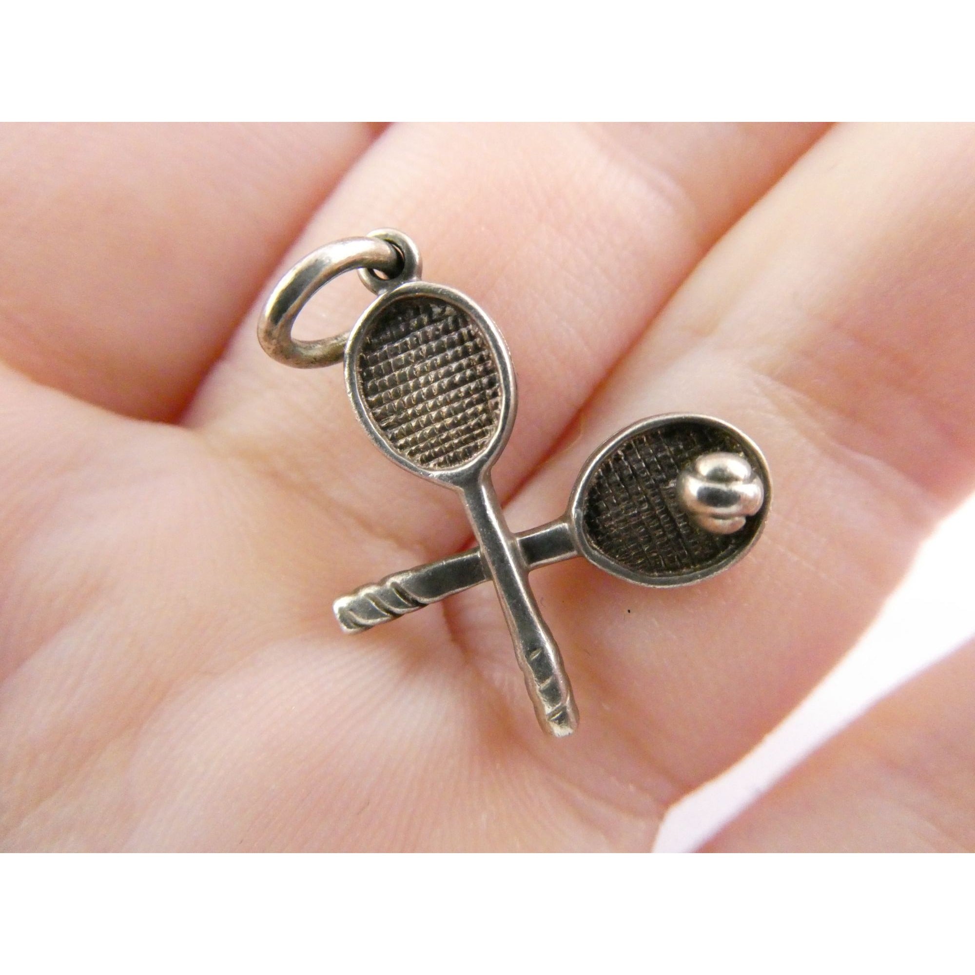 Tiffany and Co Sterling Silver Tennis Racket Pair Ball Charm Pendant 2g 21mm